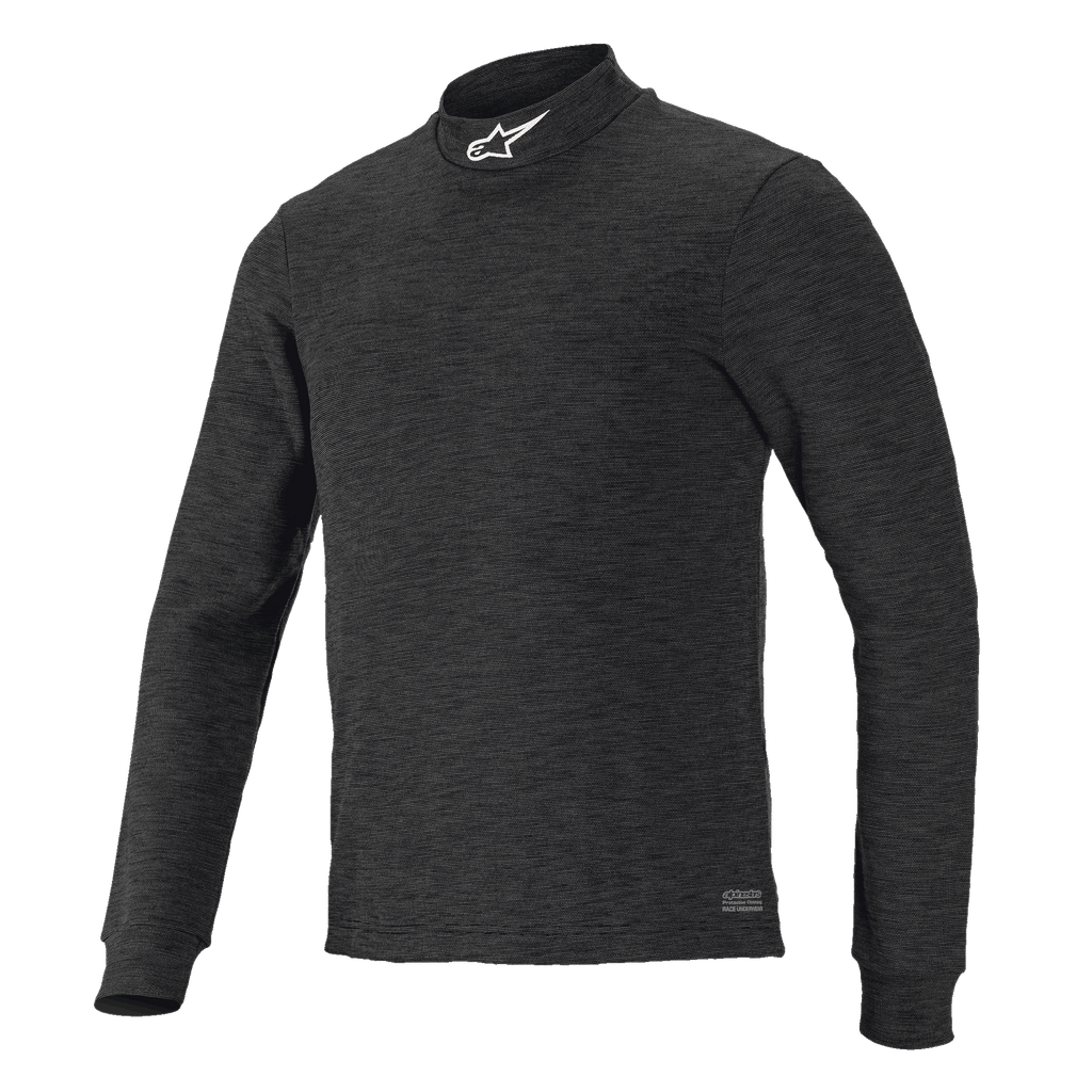 Alpinestars Race V3 Long Sleeve Top, base layer nero testurizzato, collo a lupetto con logo bianco, design aderente, abbigliamento ignifugo per sport motoristici