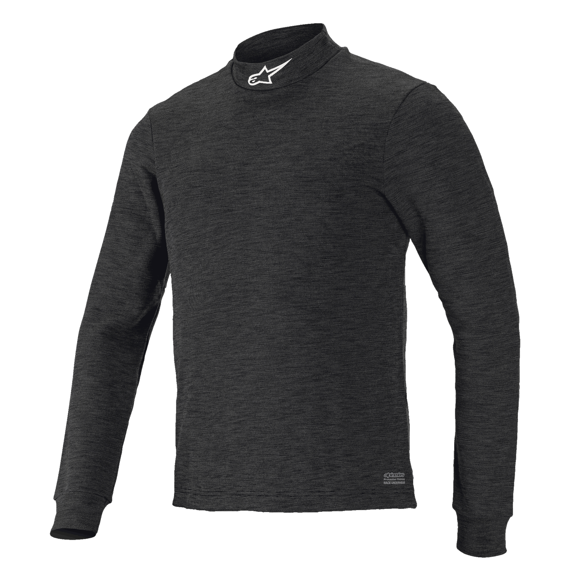 Alpinestars Race V3 Long Sleeve Top, base layer nero testurizzato, collo a lupetto con logo bianco, design aderente, abbigliamento ignifugo per sport motoristici