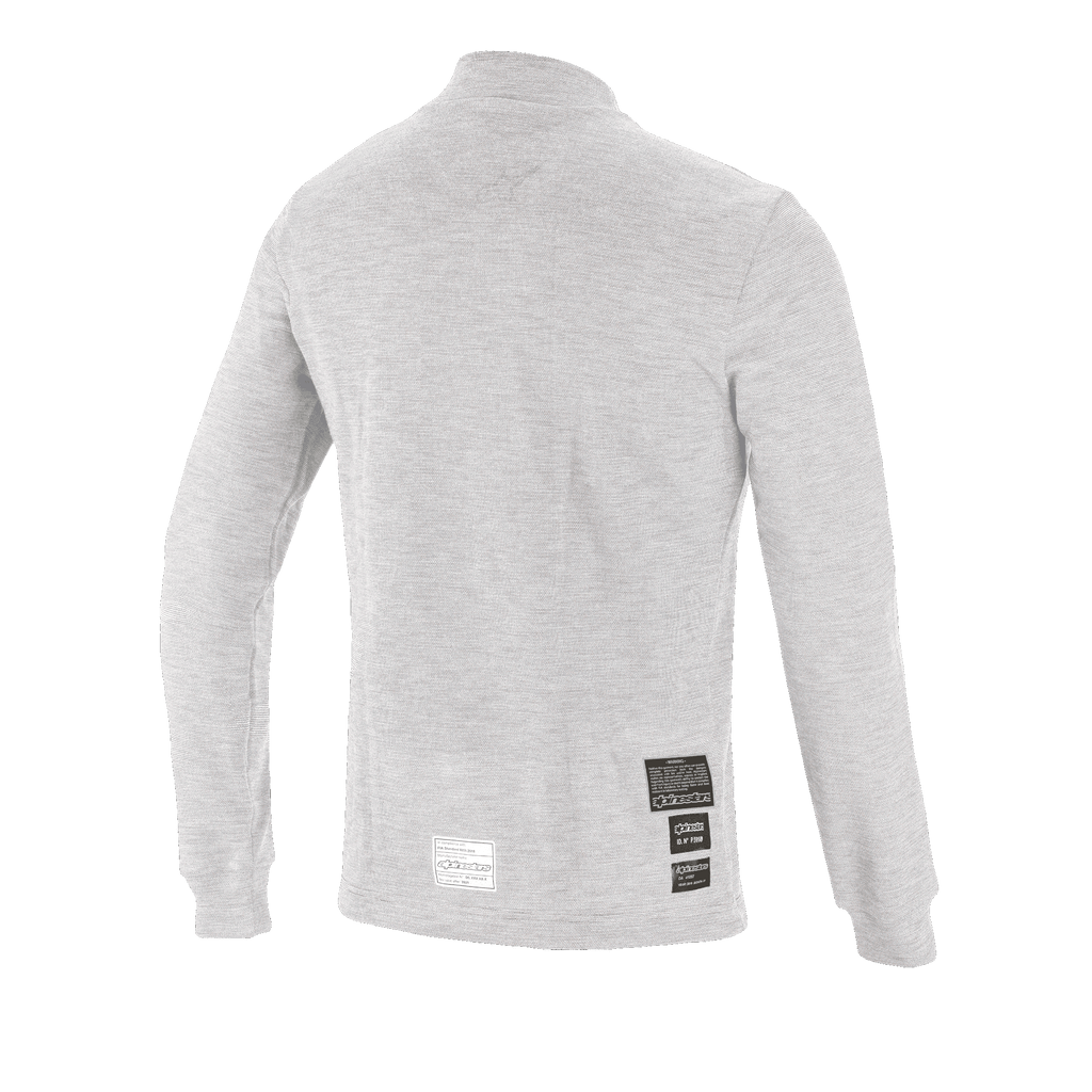 Alpinestars Race V3 Long Sleeve Top, sottotuta tecnico per automobilismo, bianco, vista posteriore con etichette di omologazione FIA 8856-2018, materiale morbido ignifugo per la protezione negli sport motoristici
