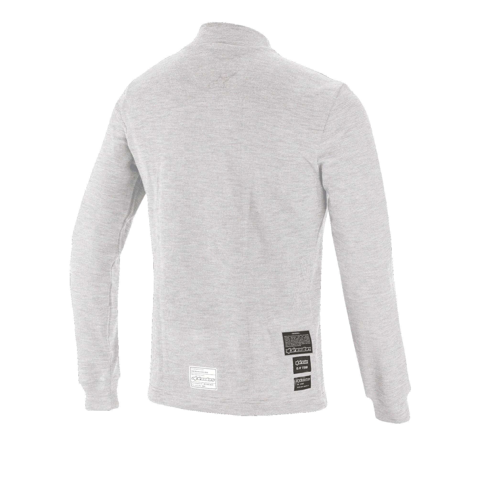 Alpinestars Race V3 Long Sleeve Top, sottotuta tecnico per automobilismo, bianco, vista posteriore con etichette di omologazione FIA 8856-2018, materiale morbido ignifugo per la protezione negli sport motoristici