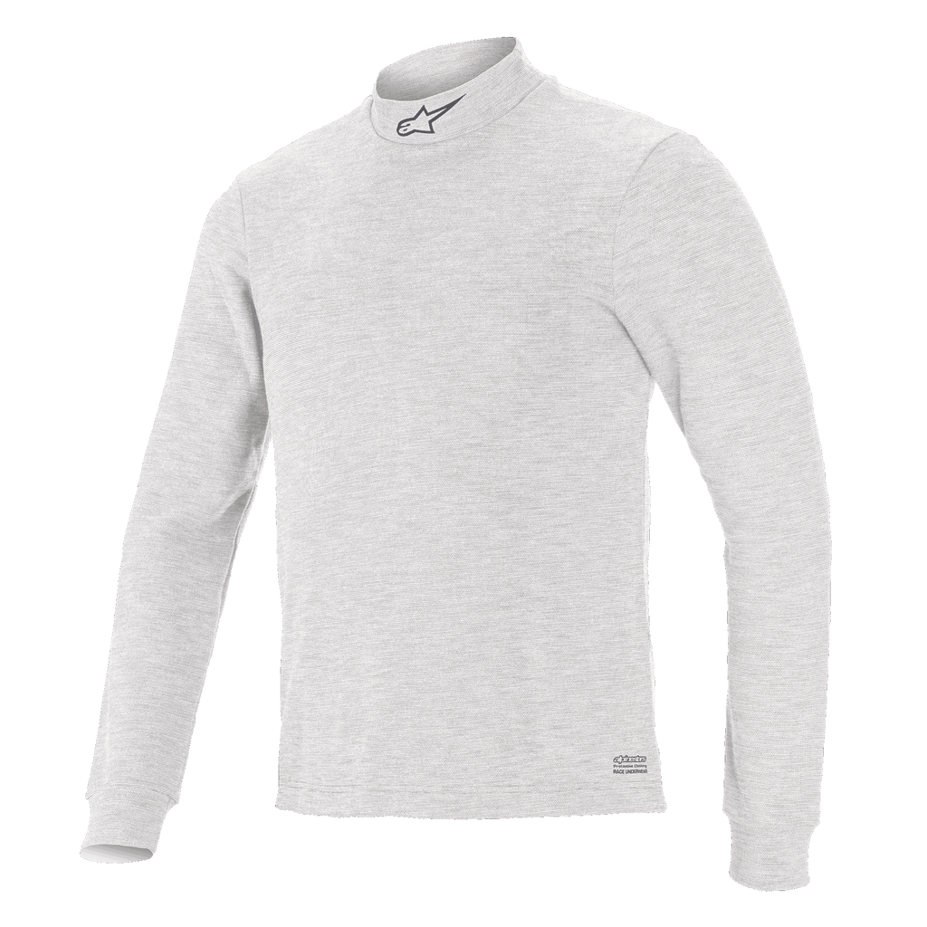 Alpinestars Race V3 Long Sleeve Top, sottotuta tecnico per corse auto, bianco, collo a lupetto con piccolo logo, maniche lunghe, tessuto ignifugo morbido al tatto, design atletico minimalista