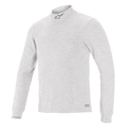 Alpinestars Race V3 Long Sleeve Top, sottotuta tecnico per corse auto, bianco, collo a lupetto con piccolo logo, maniche lunghe, tessuto ignifugo morbido al tatto, design atletico minimalista