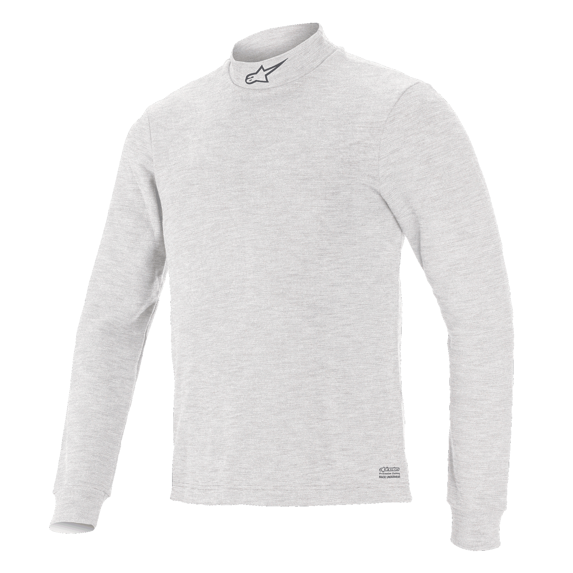Alpinestars Race V3 Long Sleeve Top, sottotuta tecnico per corse auto, bianco, collo a lupetto con piccolo logo, maniche lunghe, tessuto ignifugo morbido al tatto, design atletico minimalista