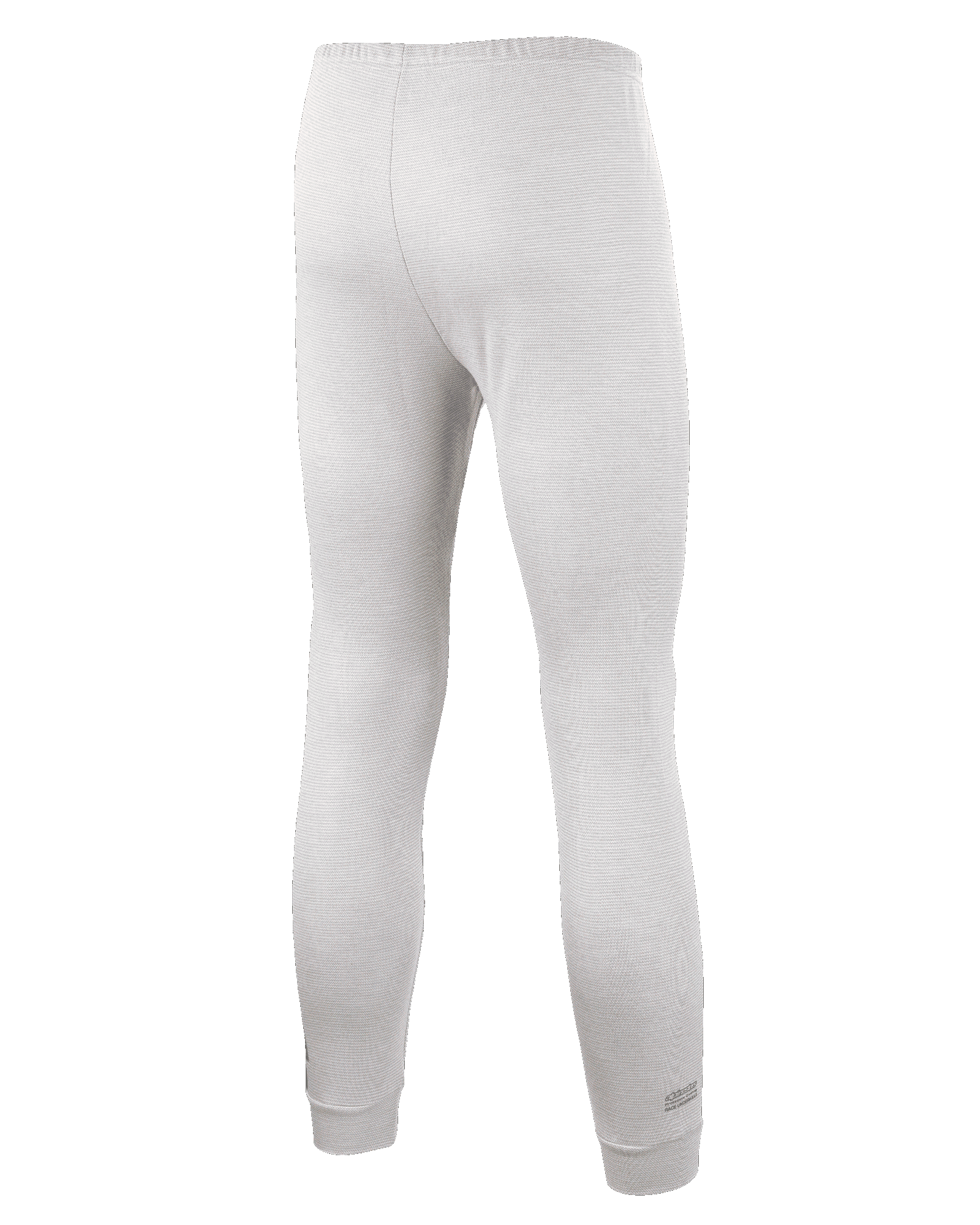 Alpinestars Race V3 Bottom, pantaloni sottotuta per auto da corsa, bianco, vista posteriore con tessuto ignifugo testurizzato, elastico in vita e polsini alle caviglie a costine, progettati per uso professionale nel motorsport