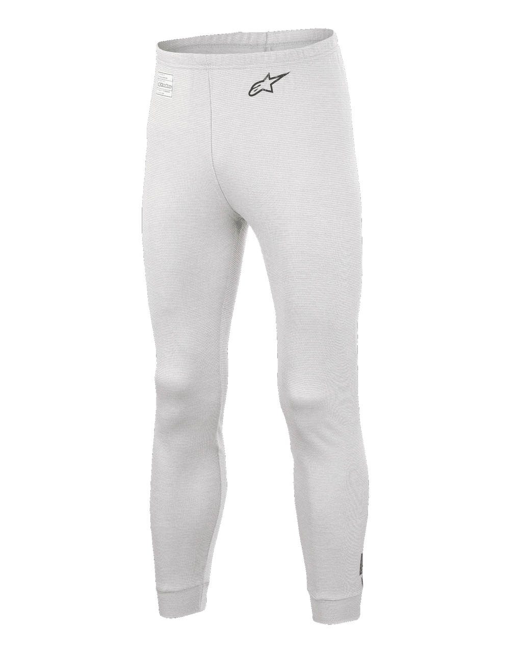 Alpinestars Race V3 Bottom, pantaloni sottotuta per auto, bianco, materiale ignifugo testurizzato, logo A-star nero sul fianco, polsini e vita a costine, sottotuta tecnico leggero
