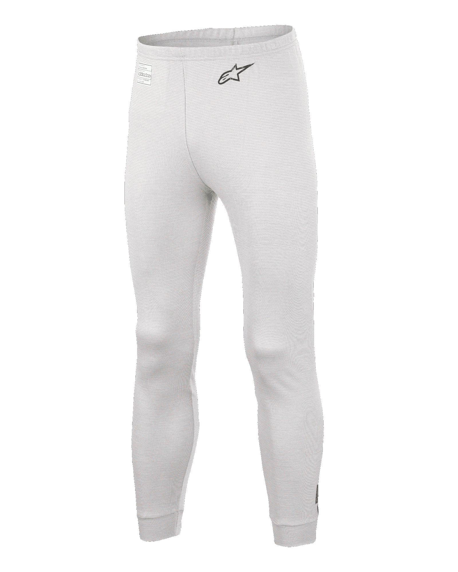 Alpinestars Race V3 Bottom, pantaloni sottotuta per auto, bianco, materiale ignifugo testurizzato, logo A-star nero sul fianco, polsini e vita a costine, sottotuta tecnico leggero