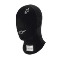 Alpinestars Race V3 Balaclava, passamontagna da auto racing nero resistente alle fiamme, loghi a stella bianchi su fronte e guancia, etichetta di certificazione FIA sul collo, tessuto tecnico leggero con apertura per gli occhi per la protezione della testa nel motorsport