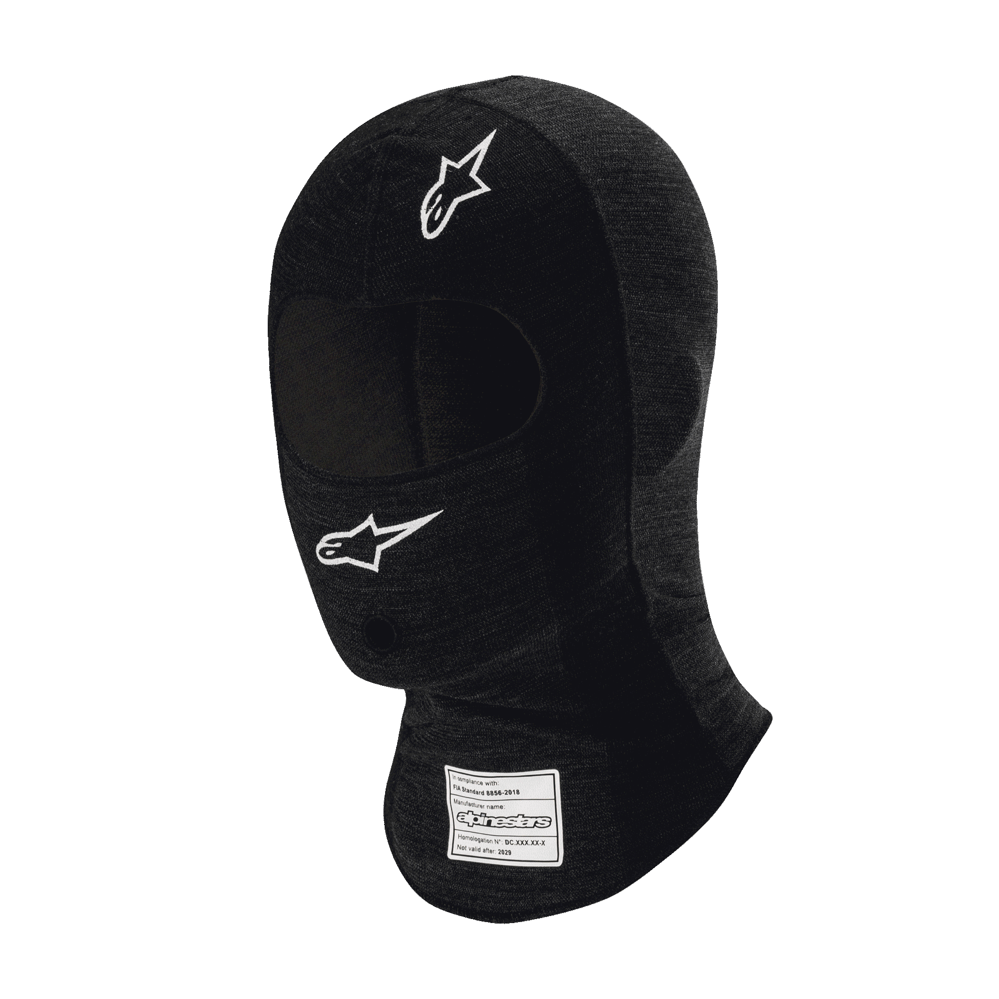 Alpinestars Race V3 Balaclava, passamontagna da auto racing nero resistente alle fiamme, loghi a stella bianchi su fronte e guancia, etichetta di certificazione FIA sul collo, tessuto tecnico leggero con apertura per gli occhi per la protezione della testa nel motorsport