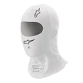 Alpinestars Race V3 Balaclava, sottocasco bianco per auto da corsa, con loghi Alpinestars neri, ampia apertura ovale per gli occhi, etichetta di omologazione FIA 8856-2018 e tessuto leggero resistente alle fiamme