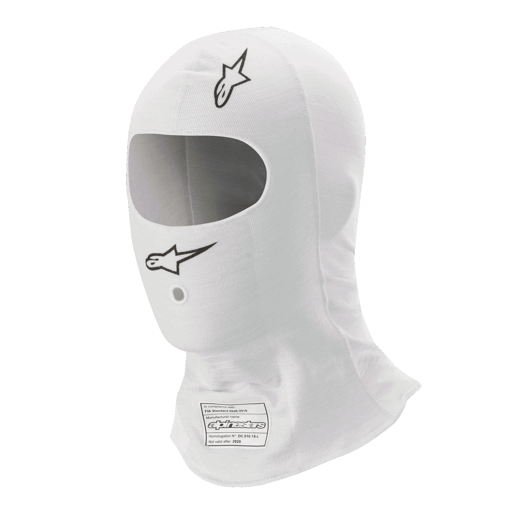 Alpinestars Race V3 Balaclava, sottocasco bianco per auto da corsa, con loghi Alpinestars neri, ampia apertura ovale per gli occhi, etichetta di omologazione FIA 8856-2018 e tessuto leggero resistente alle fiamme