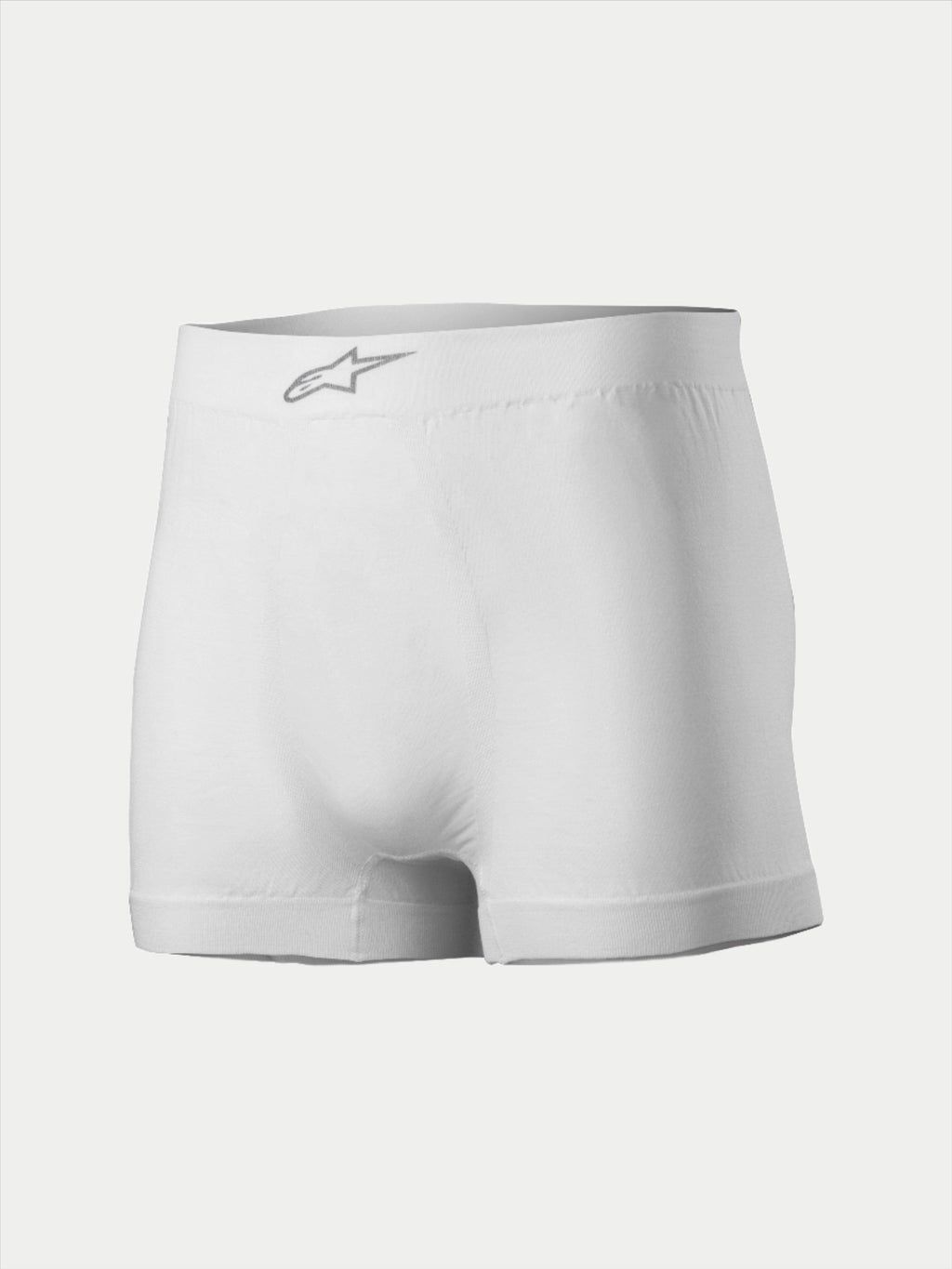 Alpinestars TECH ZX Boxer, biancheria intima per auto racing, bianco, con logo Alpinestars argento sulla fascia in vita anteriore, tessuto leggero resistente alla fiamma, strato di base per il motorsport