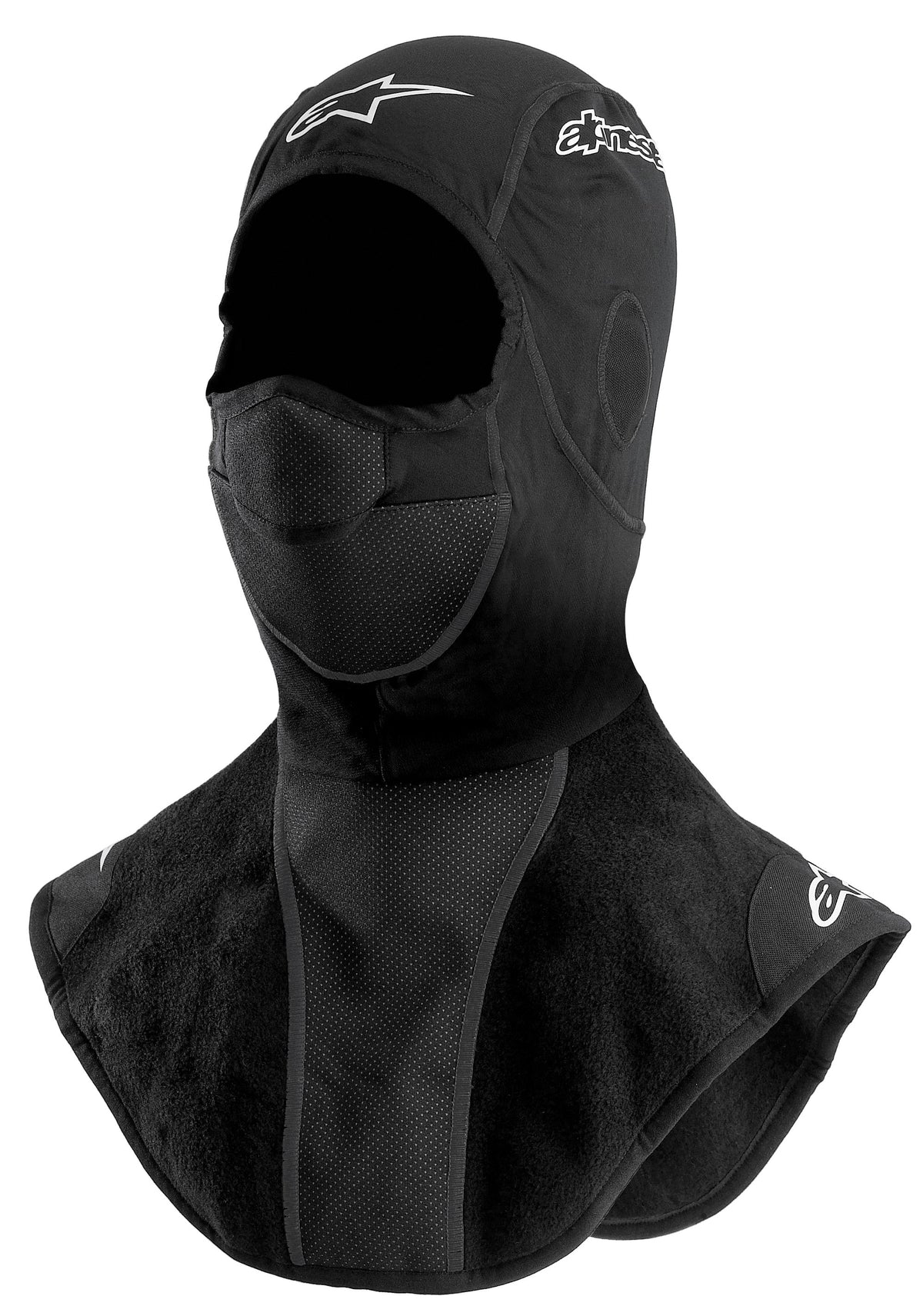 Alpinestars Passamontagna Winter, passamontagna da moto per climi freddi, nero, con pettorina allungata in pile per collo e torace, pannello per la bocca traforato e traspirante e dettagli logo stampati in bianco