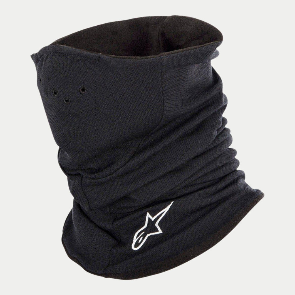 Alpinestars Tech Neck Warmer, nero, scaldacollo da moto con fodera in pile, logo Alpinestars ricamato bianco, piccoli fori per la traspirazione, struttura elasticizzata per protezione dal vento