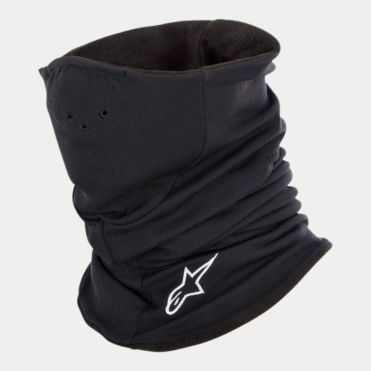 Alpinestars Tech Neck Warmer, nero, scaldacollo da moto con fodera in pile, logo Alpinestars ricamato bianco, piccoli fori per la traspirazione, struttura elasticizzata per protezione dal vento