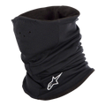 Alpinestars Tech Neck Warmer nero, scaldacollo da moto con logo bianco ricamato, dotato di fori per l'aria e fodera in pile a doppio strato per protezione termica e resistenza al vento.