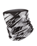 Alpinestars Neck Tube, scaldacollo da moto, nero e grigio, motivo geometrico sfumato con logo a stella Alpinestars, tessuto leggero e setoso, strato base senza cuciture per protezione dal vento