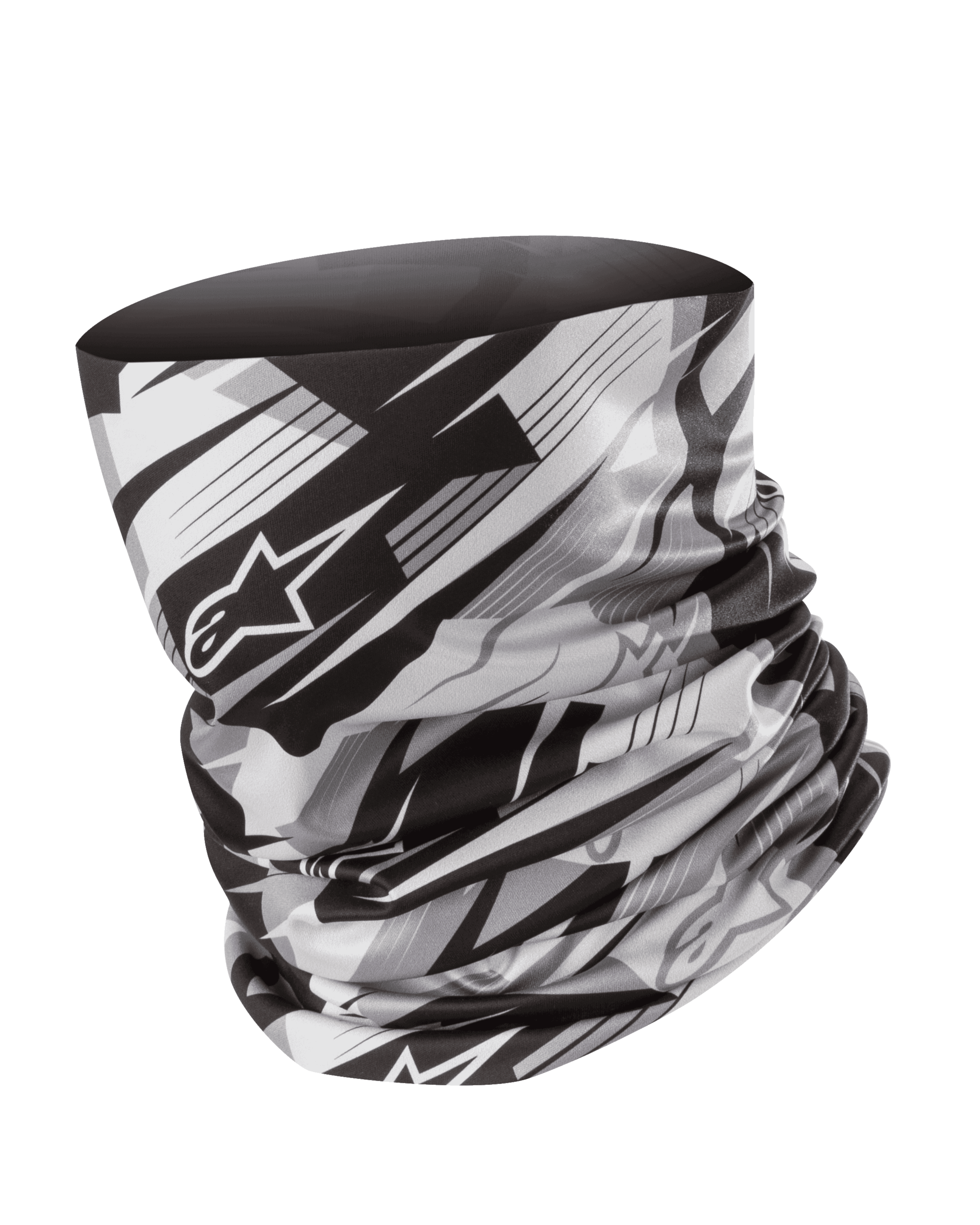 Alpinestars Neck Tube, scaldacollo da moto, nero e grigio, motivo geometrico sfumato con logo a stella Alpinestars, tessuto leggero e setoso, strato base senza cuciture per protezione dal vento