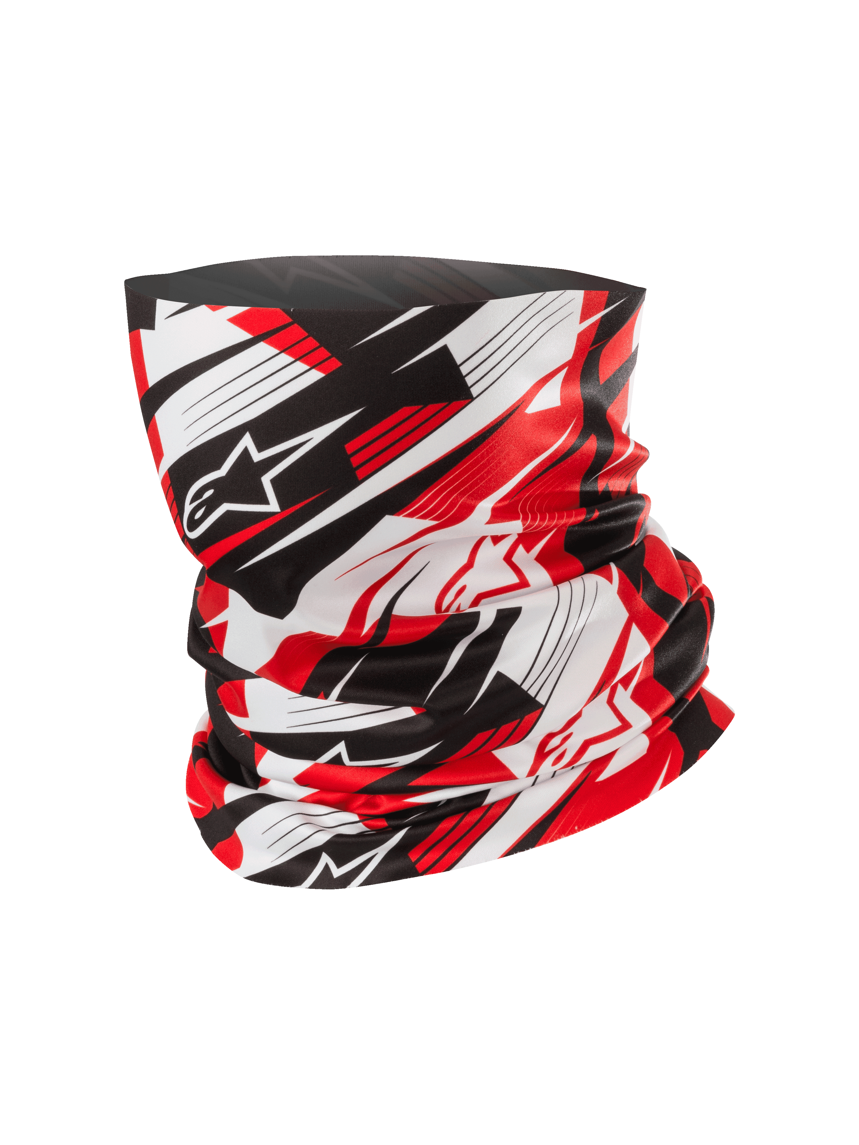 Alpinestars Neck Tube, scaldacollo da moto, rosso, nero e bianco, motivo astratto dinamico con linee sfumate e loghi a stella, tessuto leggero effetto seta, accessorio per il motociclismo e le attività all'aperto