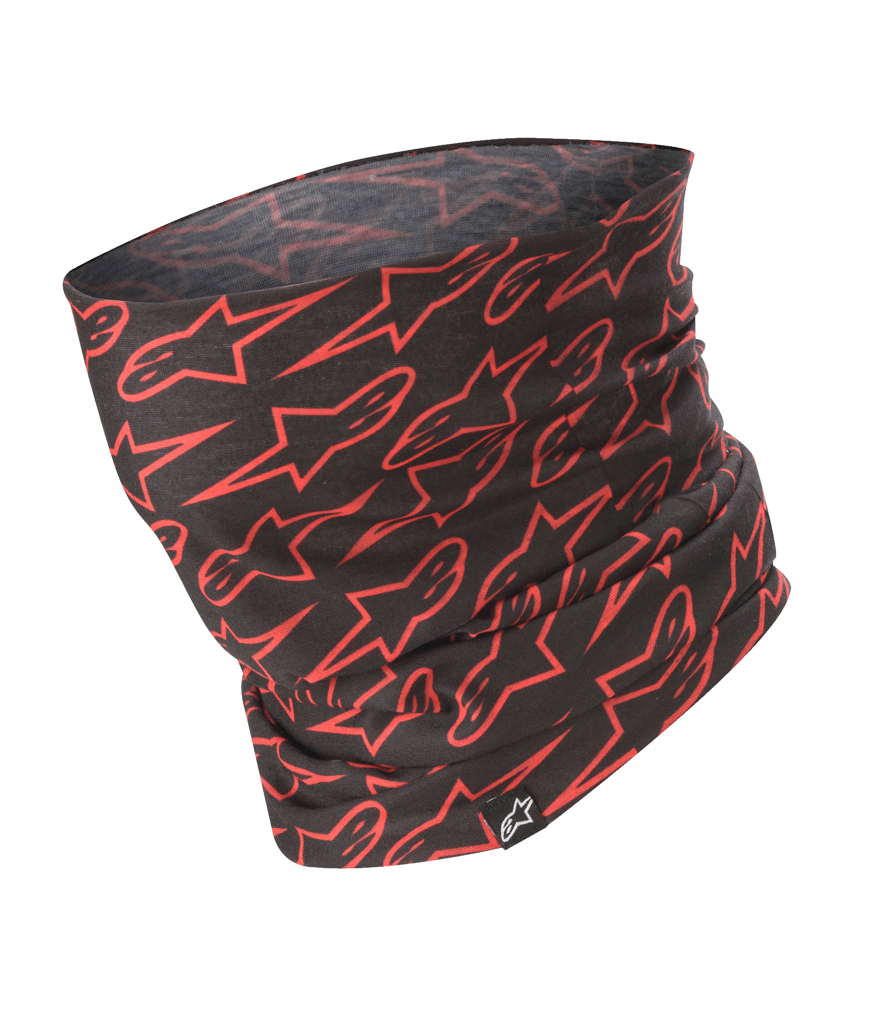 Alpinestars Neck Tube, scaldacollo da moto, nero con motivo a stelle rosse, tessuto leggero e setoso, accessorio base layer per la guida