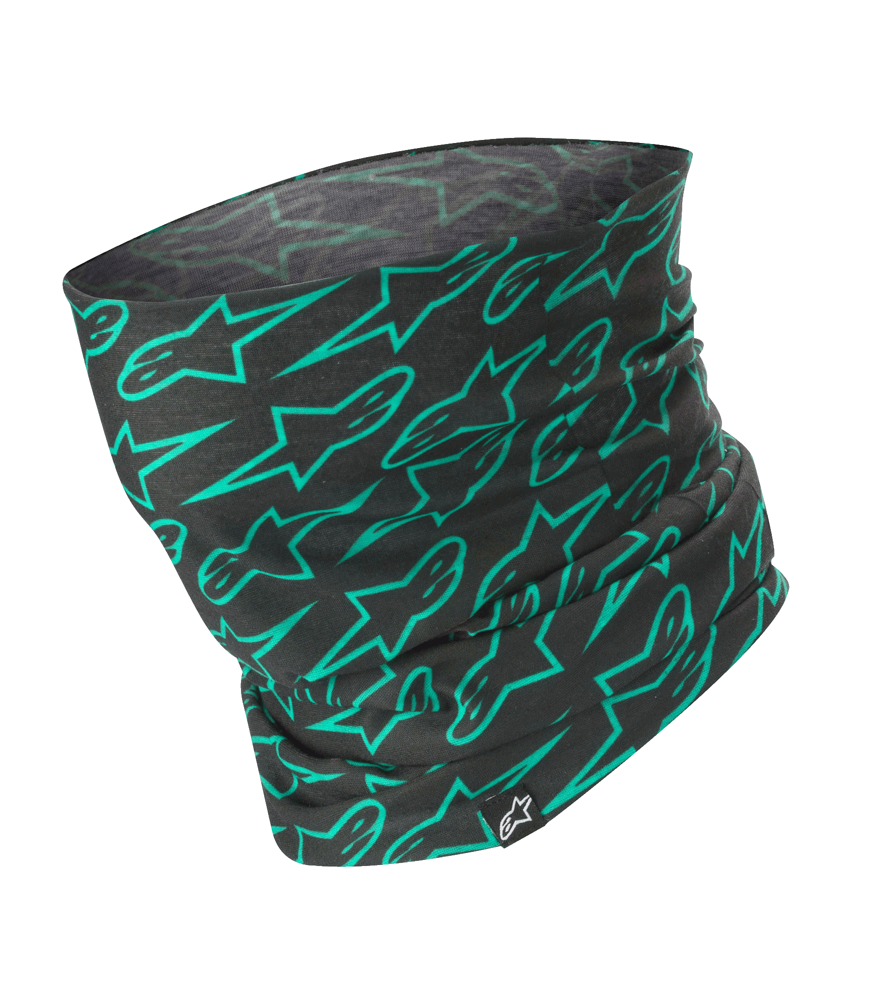 Alpinestars Neck Tube, nero con motivo logo Astars color teal, scaldacollo da moto leggero, strato base setoso resistente al vento, accessorio protettivo unisex