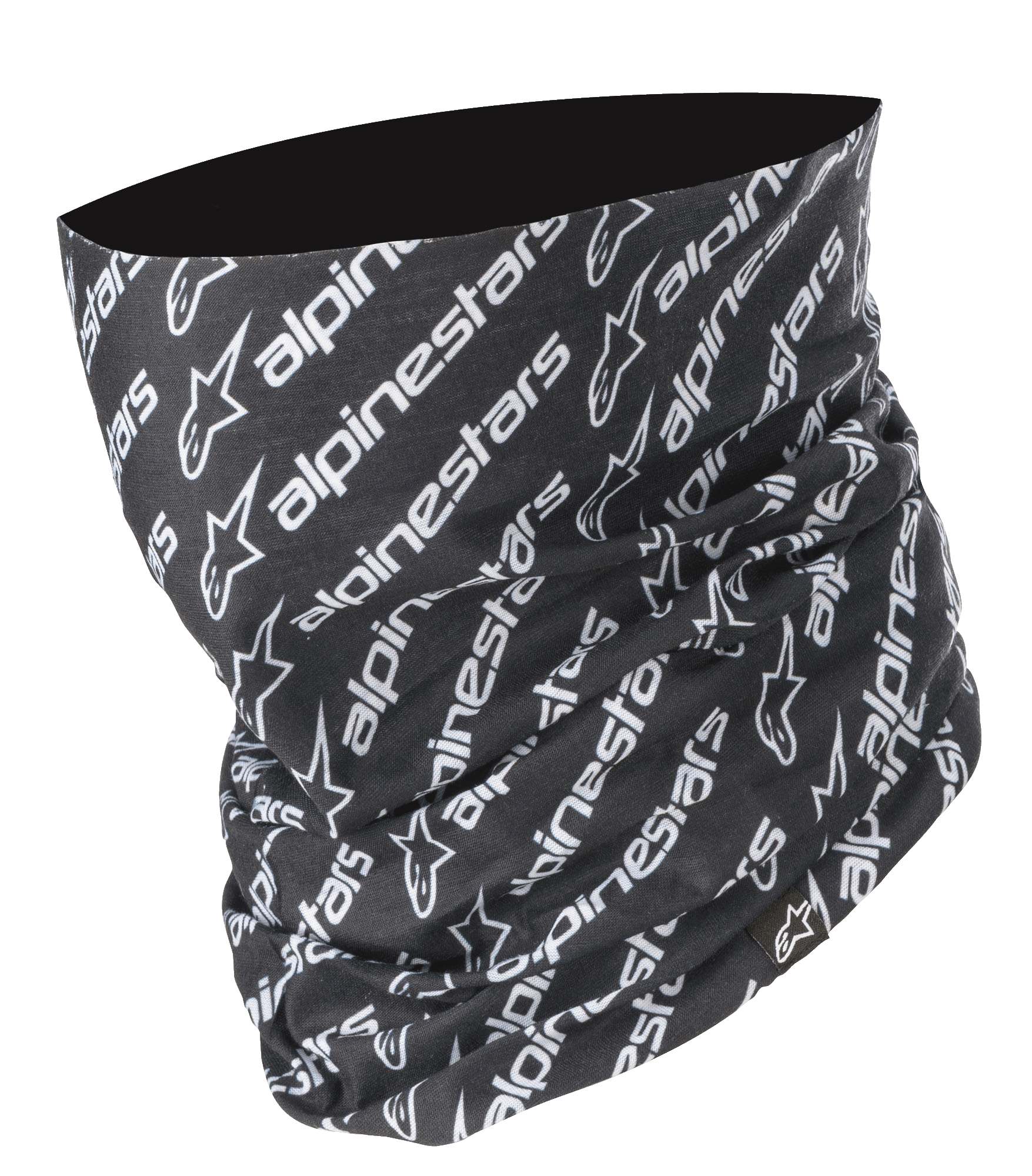 Alpinestars Linear Neck Tube, scaldacollo da moto, nero e bianco, motivo diagonale con loghi e scritte Alpinestars ripetuti, struttura in microfibra senza cuciture, strato di base leggero per la guida su strada