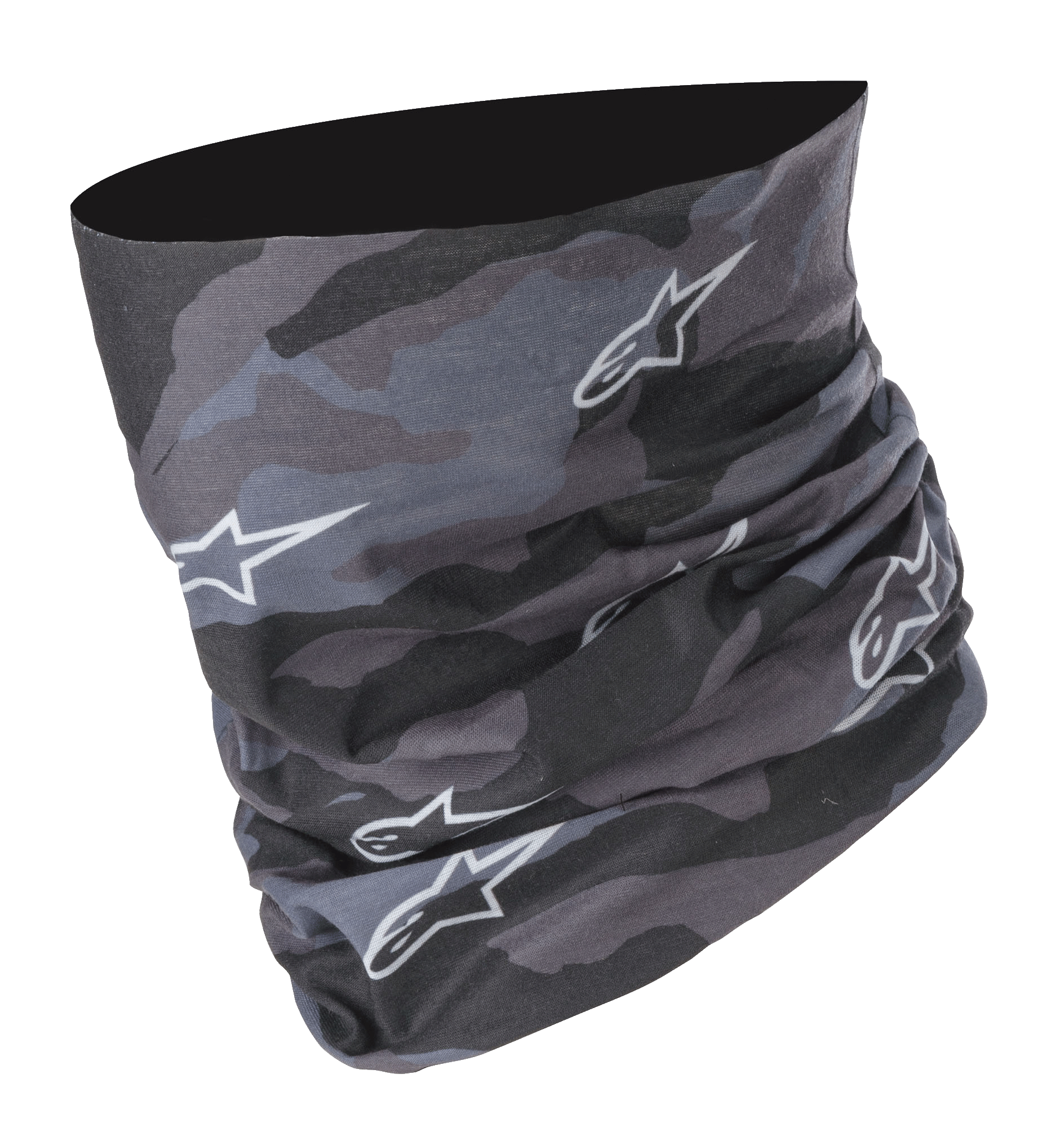Alpinestars Tactical Neck Tube in Black Tar Gray, motivo mimetico digitale con loghi a stella bianchi, costruzione in microfibra senza cuciture, versatile scaldacollo da moto e protezione come strato base