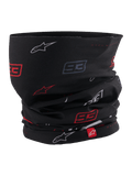 Alpinestars MM93 Neck Tube, scaldacollo da moto, nero con motivo di loghi Marc Márquez 93 e stelle rossi e bianchi, tessuto elastico leggero, con piccola etichetta rossa del marchio Alpinestars
