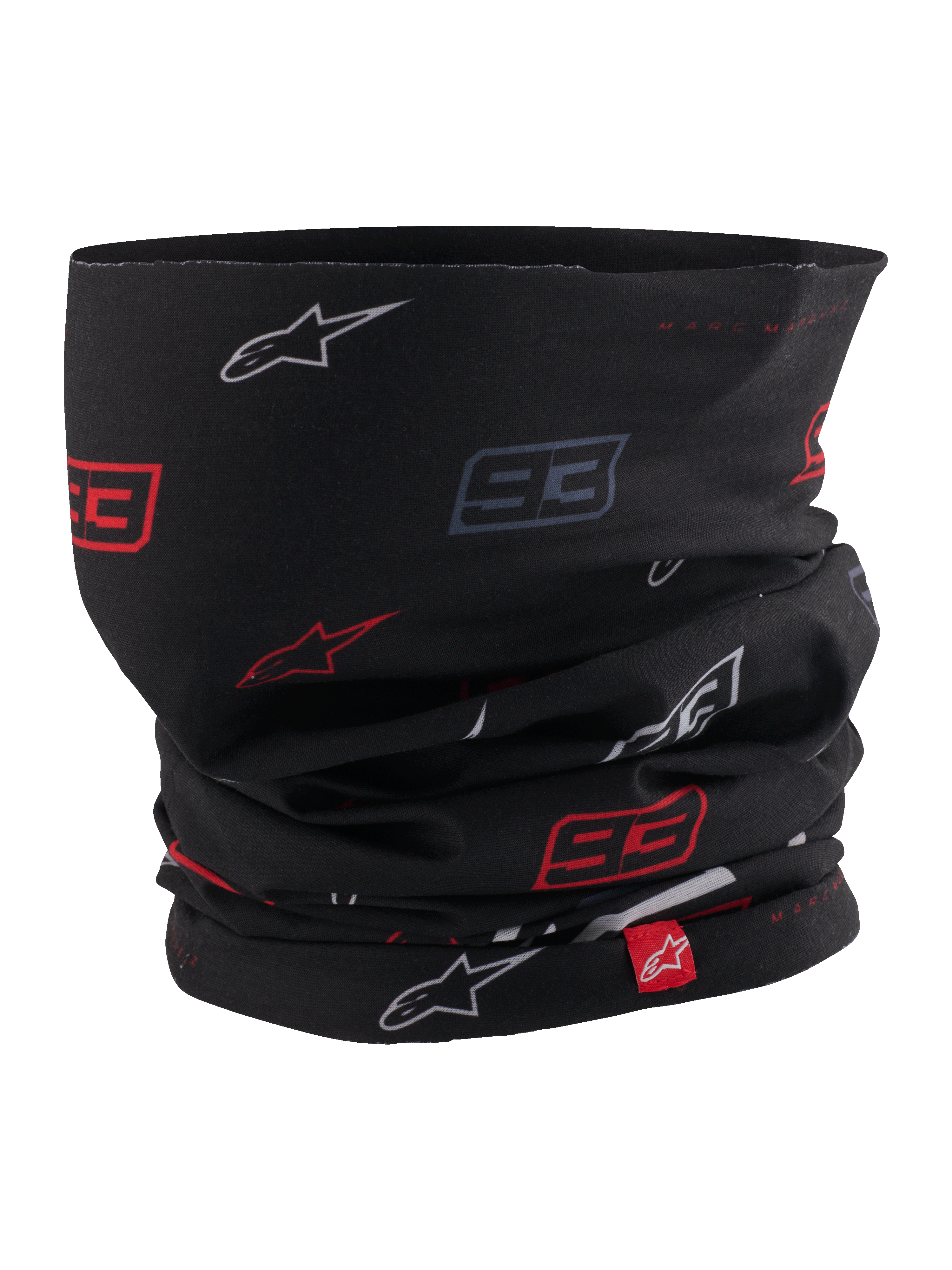 Alpinestars MM93 Neck Tube, scaldacollo da moto, nero con motivo di loghi Marc Márquez 93 e stelle rossi e bianchi, tessuto elastico leggero, con piccola etichetta rossa del marchio Alpinestars
