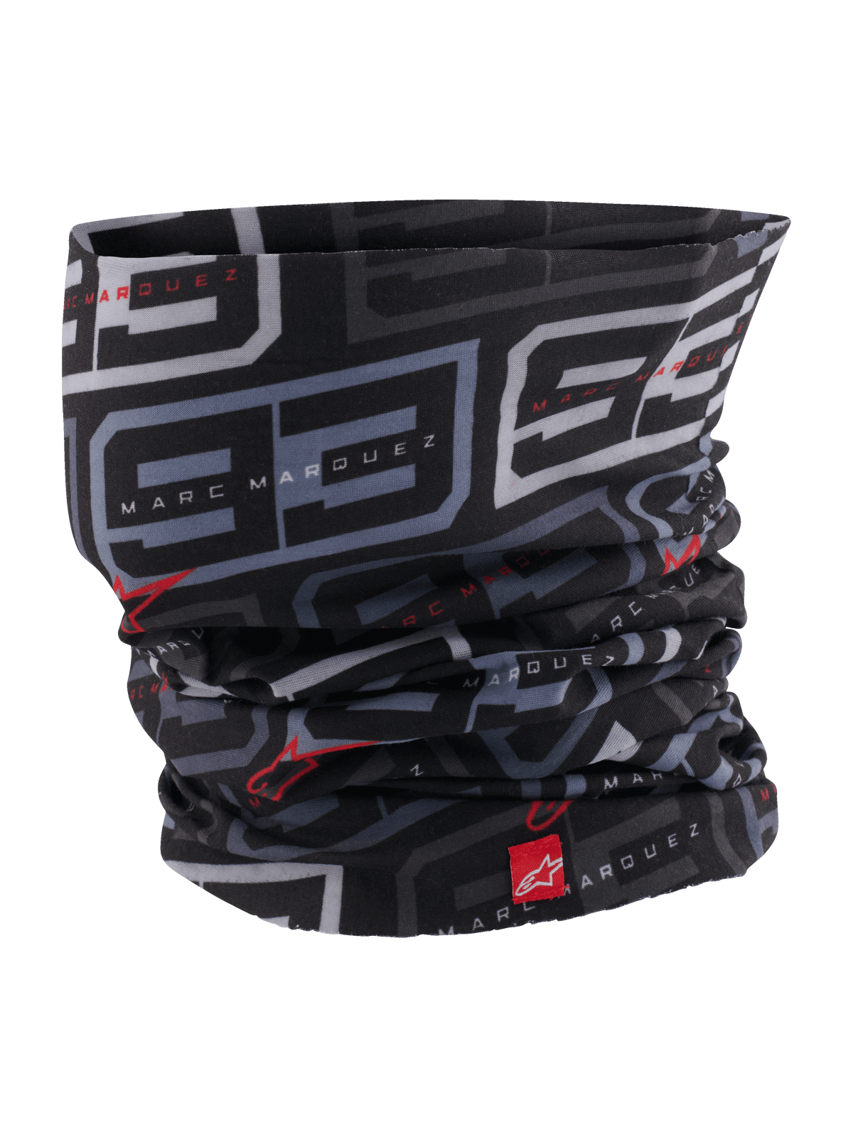 Alpinestars MM93 Neck Tube, scaldacollo da moto, nero antracite e rosso brillante, con motivo '93' grigio ricorrente e branding Marc Marquez, loghi Alpinestars rossi, tessuto leggero effetto seta per la guida su strada in primavera ed estate