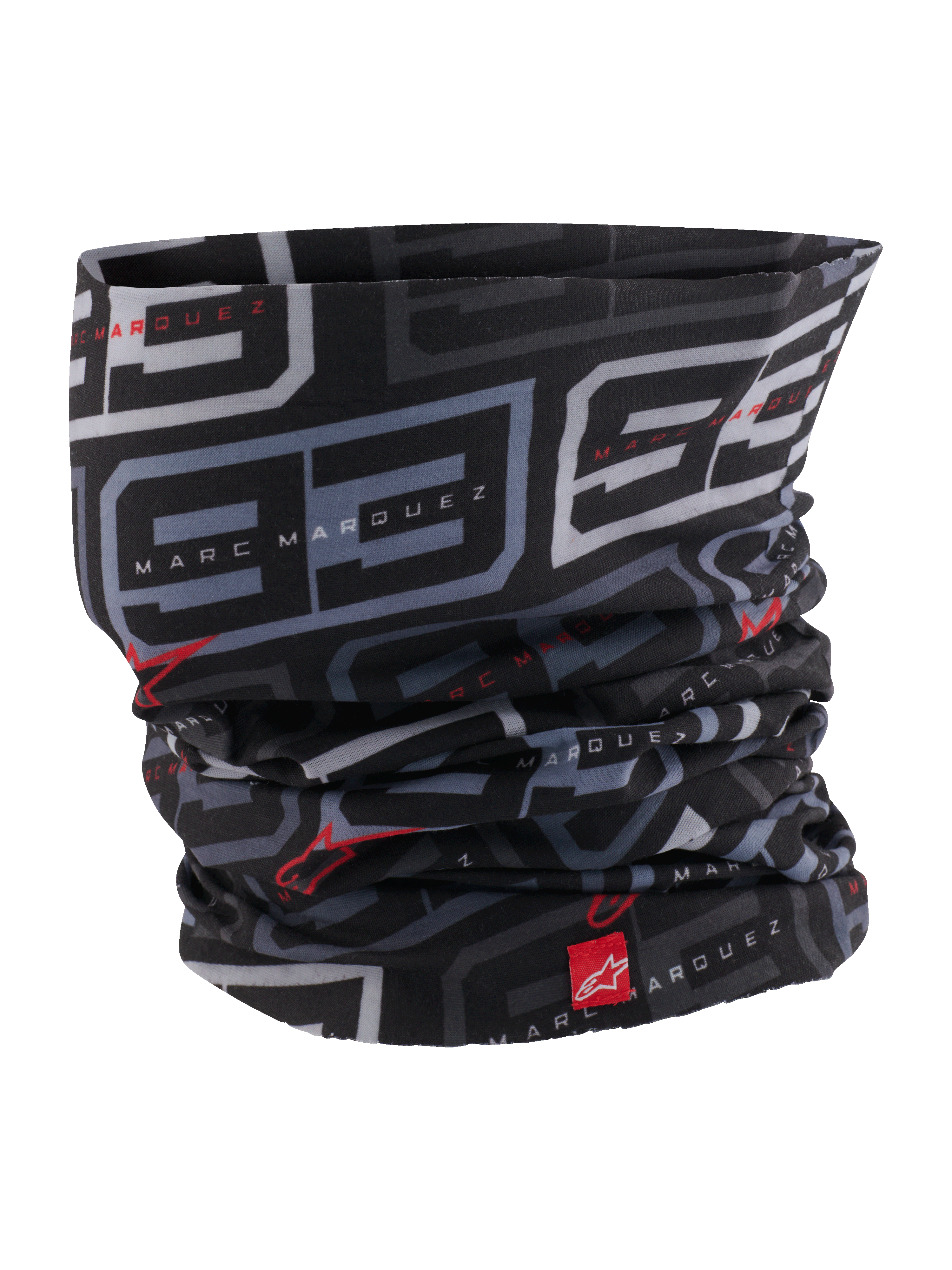 Alpinestars MM93 Neck Tube, scaldacollo da moto, nero antracite e rosso brillante, con motivo '93' grigio ricorrente e branding Marc Marquez, loghi Alpinestars rossi, tessuto leggero effetto seta per la guida su strada in primavera ed estate