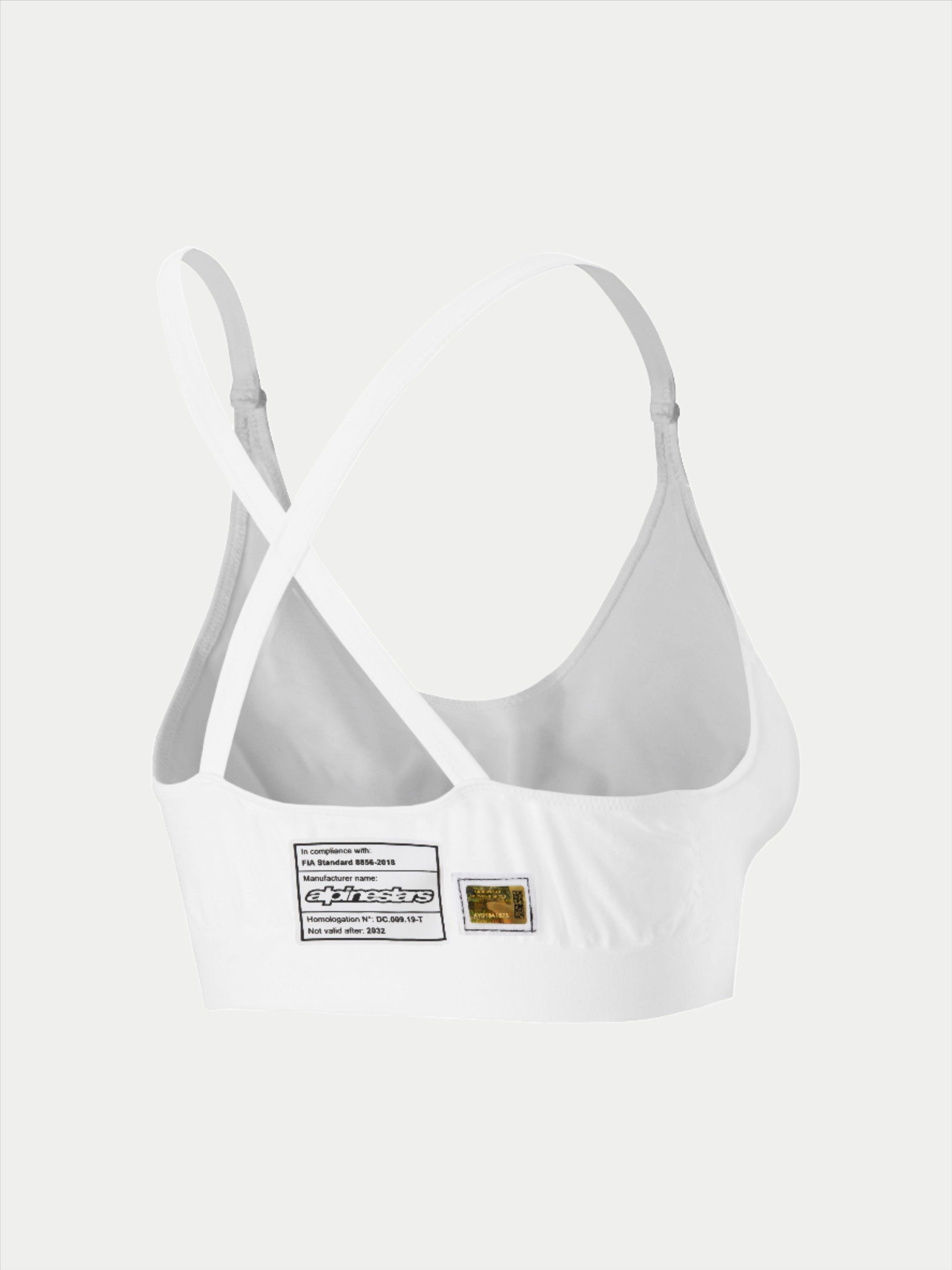 Alpinestars Stella TECH ZX Bra, intimo tecnico da corsa bianco ignifugo, vista posteriore con design delle spalline incrociate, etichetta di omologazione FIA 8856-2018 e ologramma, base layer leggero da donna