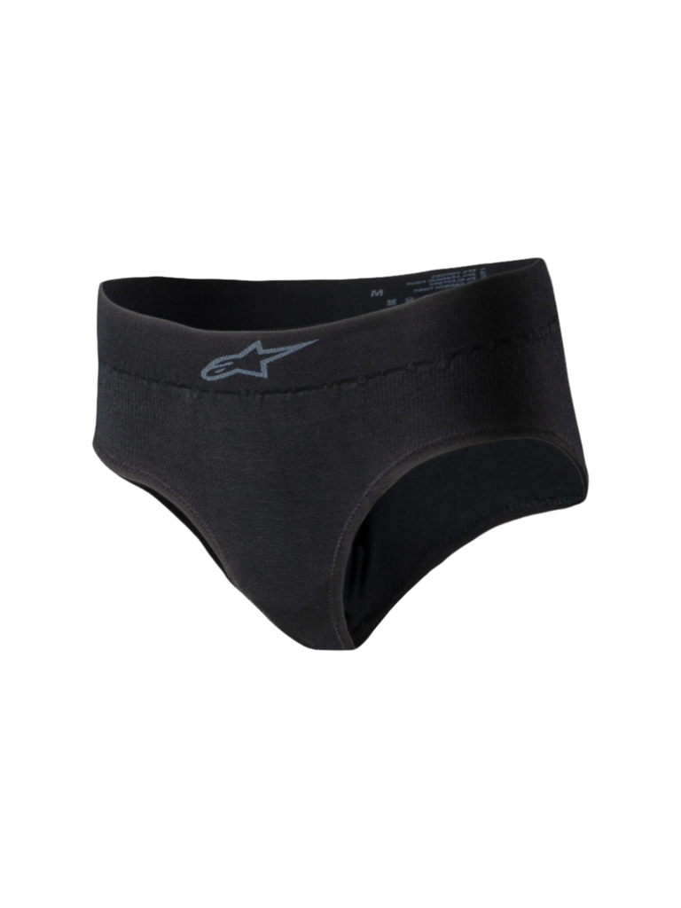 Alpinestars Stella TECH ZX Briefs, slip racing da donna, nero, con piccolo logo Alpinestars grigio sulla fascia in vita, materiale in maglia leggero e resistente alle fiamme, base layer certificato FIA 8856-2018