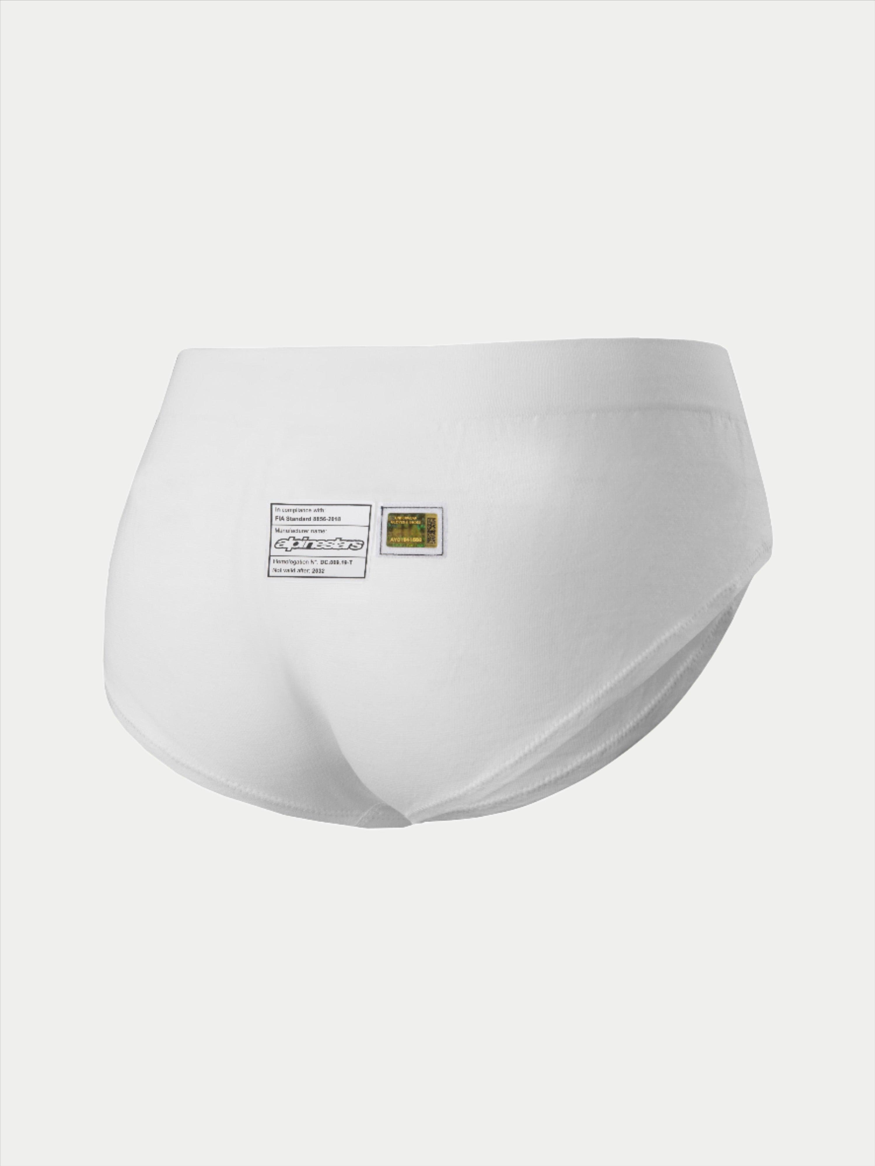 Alpinestars Stella TECH ZX Briefs, slip racing da donna, bianco, vista posteriore con etichette di certificazione FIA 8856-2018 e marchio Alpinestars, strato di base leggero e ignifugo per il motorsport