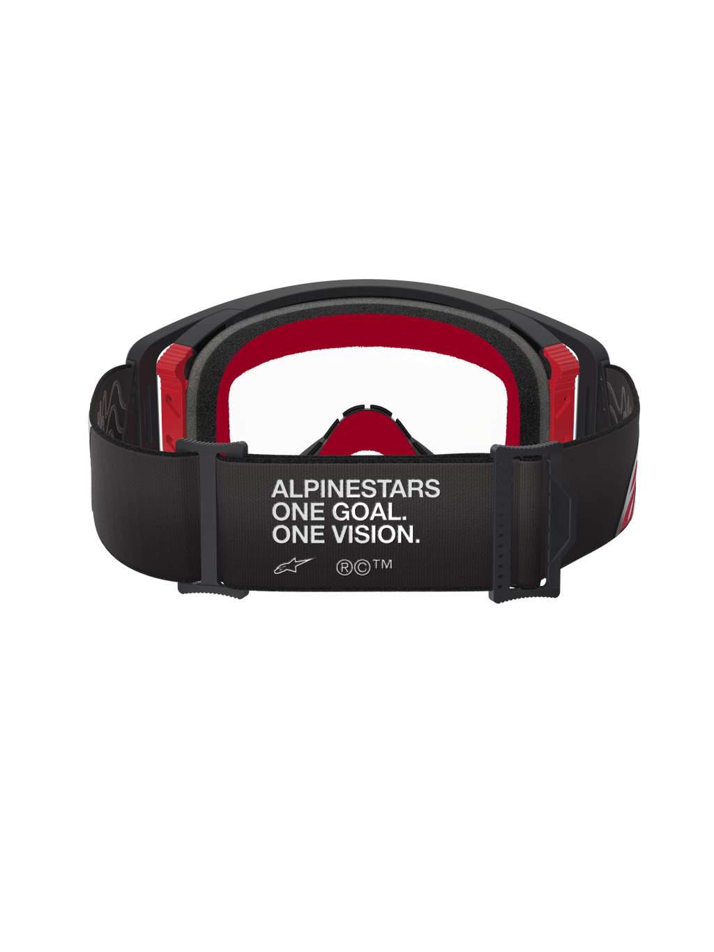 Occhiali Alpinestars Supertech Corp, occhiali da motocross, nero e rosso con lente trasparente, vista posteriore che mostra l'ampia fascia nera con marchio bianco 'ALPINESTARS ONE GOAL. ONE VISION.', schiuma facciale multistrato e accenti della montatura rossi