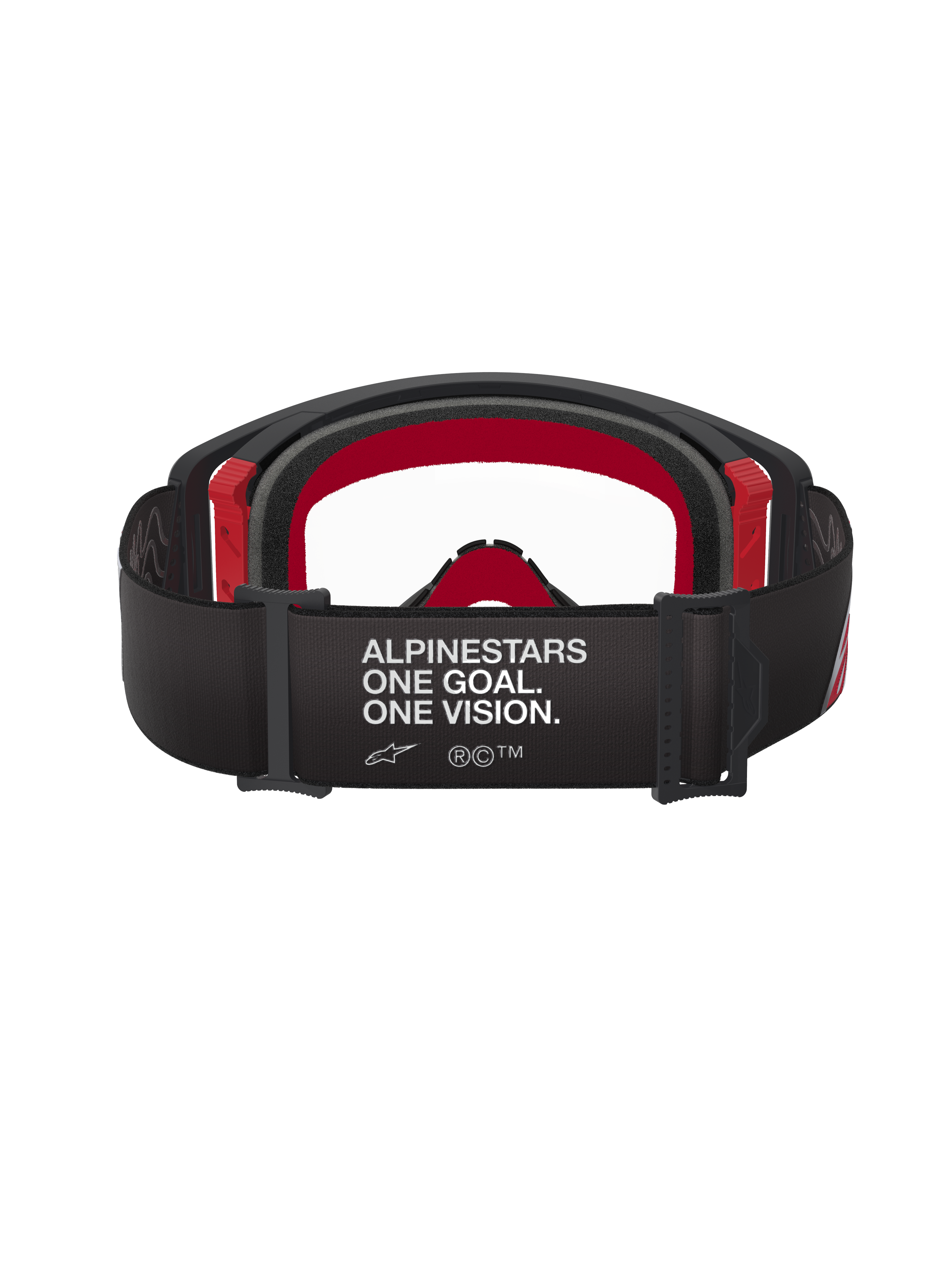 Occhiali Alpinestars Supertech Corp, occhiali da motocross, nero e rosso con lente trasparente, vista posteriore che mostra l'ampia fascia nera con marchio bianco 'ALPINESTARS ONE GOAL. ONE VISION.', schiuma facciale multistrato e accenti della montatura rossi
