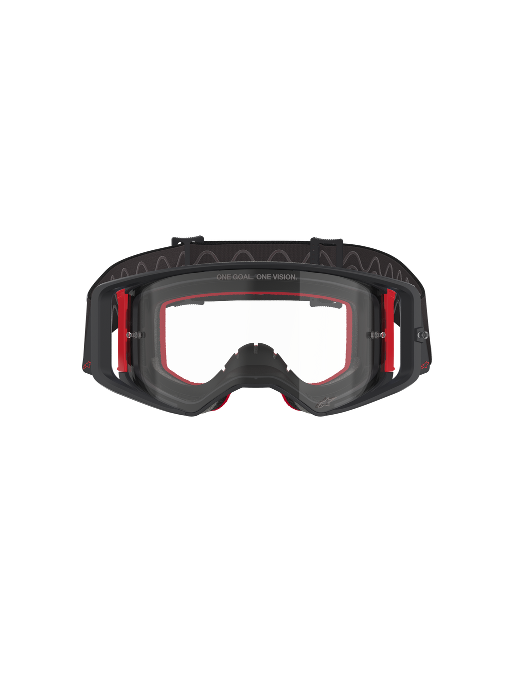 Occhiali Alpinestars Supertech Corp, occhiali da motocross, nero, rosso e trasparente, vista frontale, lente trasparente con scritta 'ONE GOAL. ONE VISION.', montatura nera con dettagli laterali rossi, ampio campo visivo, fascia resistente con grip in silicone ondulato