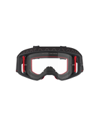 Occhiali Alpinestars Supertech Corp, occhiali da motocross, nero, rosso e trasparente, vista frontale, lente trasparente con scritta 'ONE GOAL. ONE VISION.', montatura nera con dettagli laterali rossi, ampio campo visivo, fascia resistente con grip in silicone ondulato