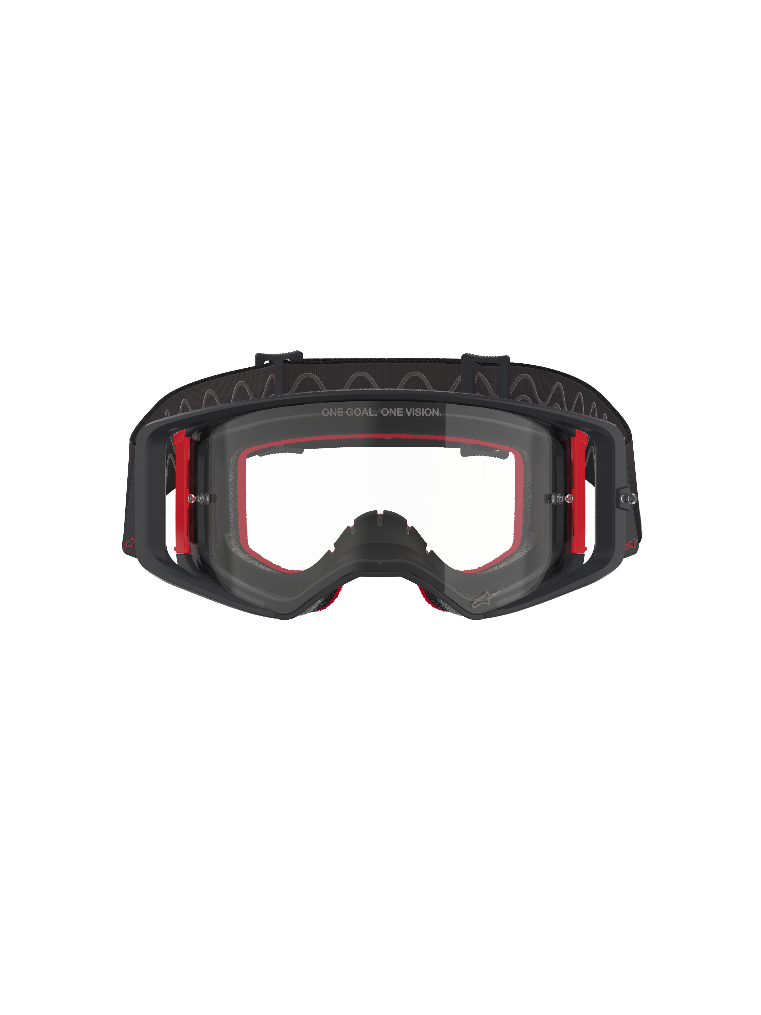 Occhiali Alpinestars Supertech Corp, occhiali da motocross, nero, rosso e trasparente, vista frontale, lente trasparente con scritta 'ONE GOAL. ONE VISION.', montatura nera con dettagli laterali rossi, ampio campo visivo, fascia resistente con grip in silicone ondulato