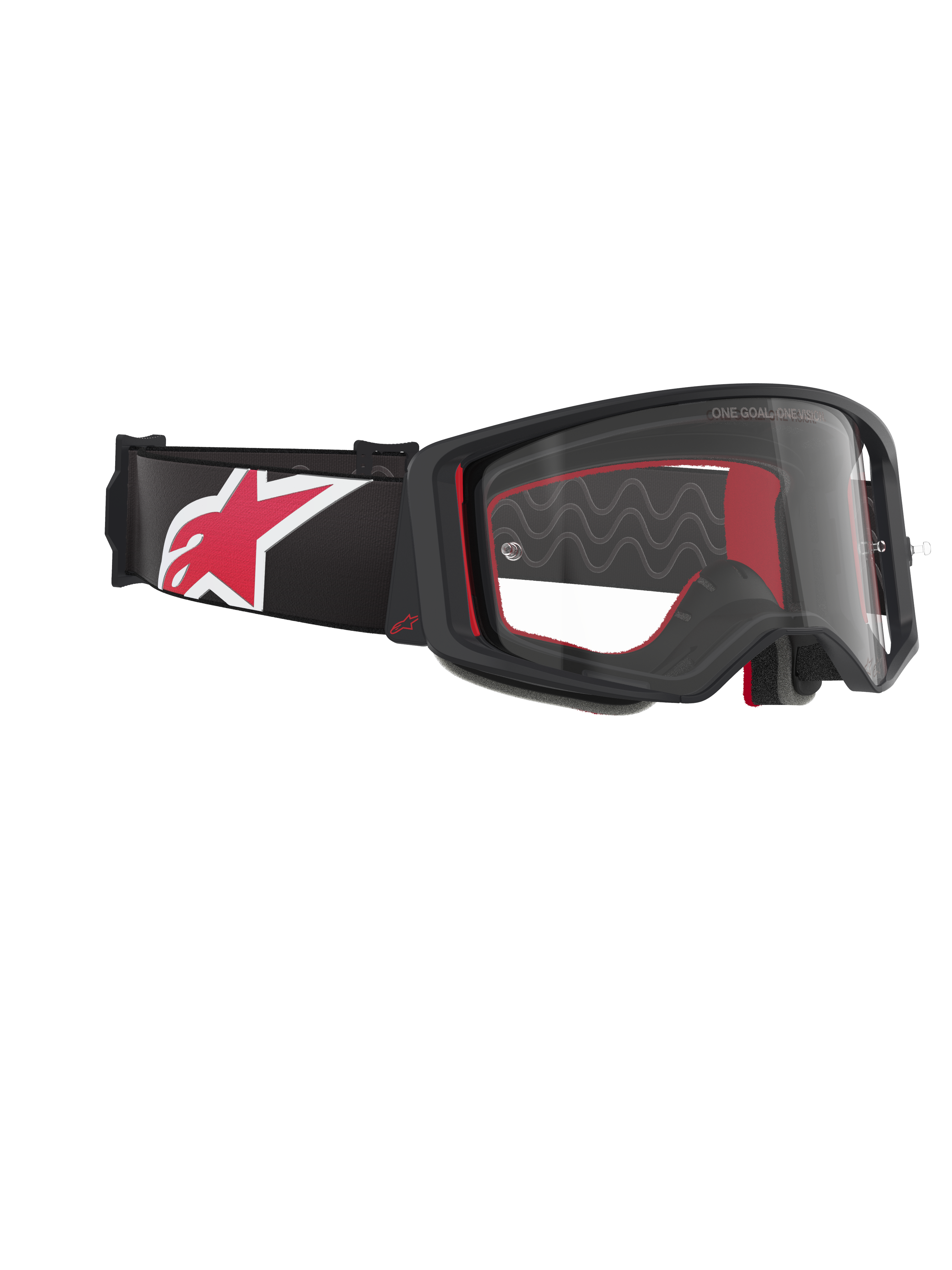 Alpinestars Supertech Corp Goggles, mascherina da motocross, nero, rosso e trasparente, vista laterale angolata con lente trasparente e montatura nera, imbottitura interna rossa, fascia nera con grande logo Alpinestars rosso e bianco, protezione oculare professionale per fuoristrada
