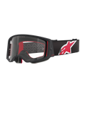 Occhiali Alpinestars Supertech Corp, montatura nera e rossa con lente trasparente, fascia regolabile nera con grande logo a stella rosso e bianco, occhiali da motocross professionali progettati per gare fuoristrada
