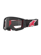 Occhiali Alpinestars Supertech Corp, montatura nera e rossa con lente trasparente, fascia regolabile nera con grande logo a stella rosso e bianco, occhiali da motocross professionali progettati per gare fuoristrada
