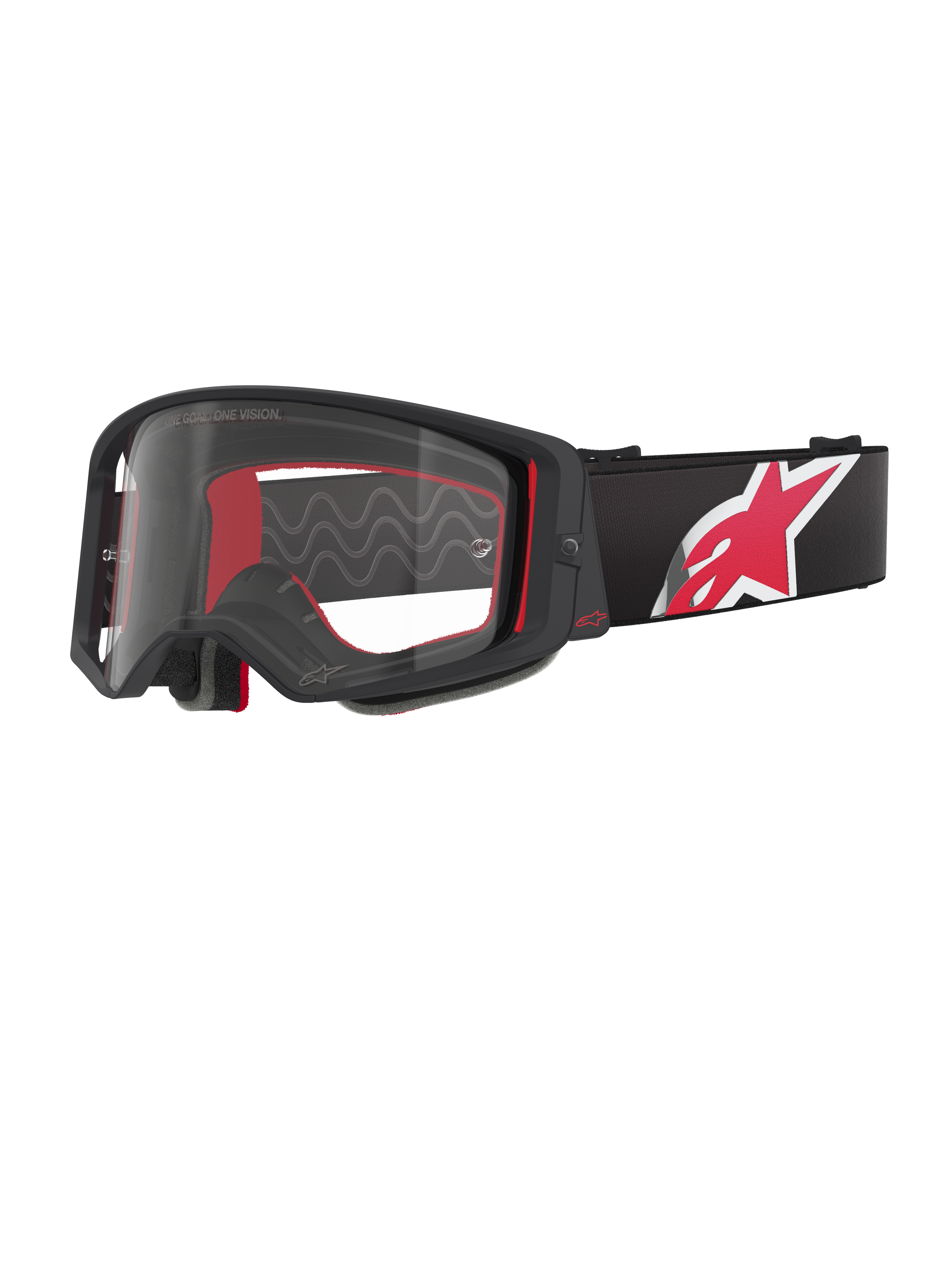Occhiali Alpinestars Supertech Corp, montatura nera e rossa con lente trasparente, fascia regolabile nera con grande logo a stella rosso e bianco, occhiali da motocross professionali progettati per gare fuoristrada
