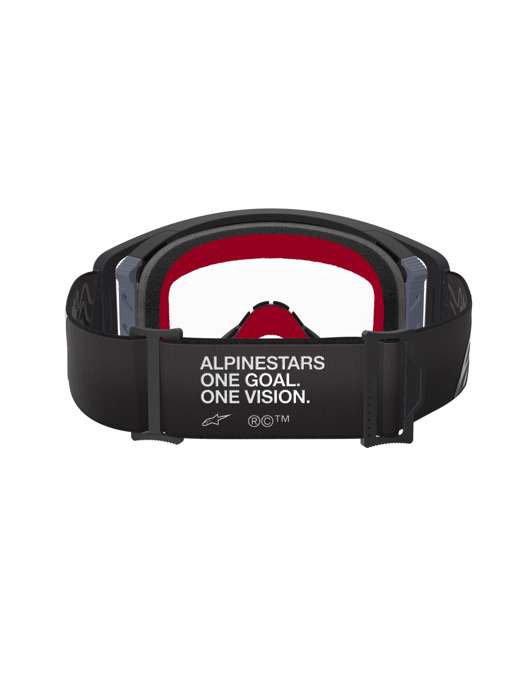 Maschera Alpinestars Supertech Corp, maschera da motocross, montatura nera e grigia con lente trasparente, vista posteriore con fascia nera con slogan 'ALPINESTARS ONE GOAL. ONE VISION.' e imbottitura facciale interna rossa