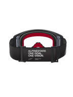 Maschera Alpinestars Supertech Corp, maschera da motocross, montatura nera e grigia con lente trasparente, vista posteriore con fascia nera con slogan 'ALPINESTARS ONE GOAL. ONE VISION.' e imbottitura facciale interna rossa