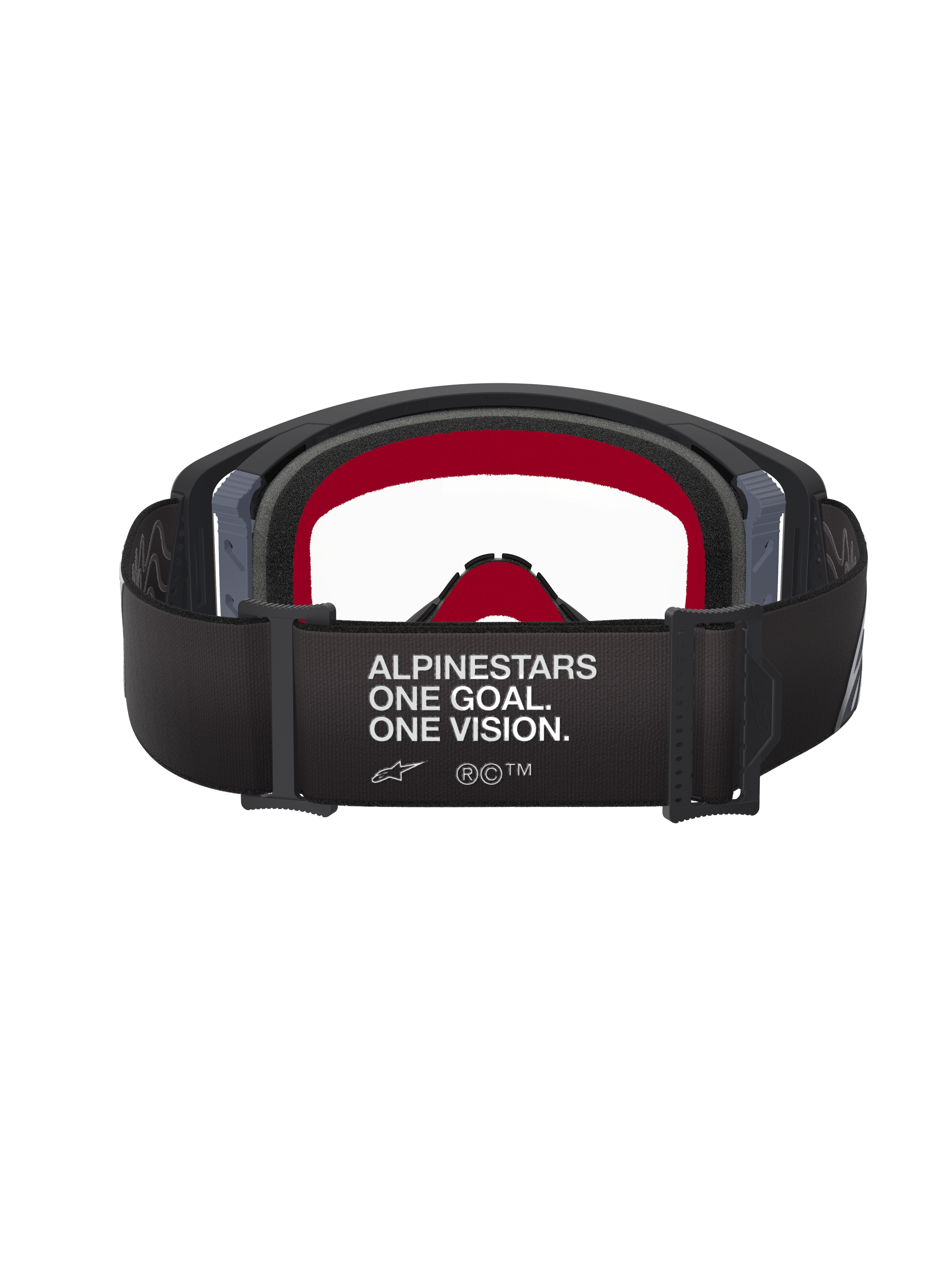 Maschera Alpinestars Supertech Corp, maschera da motocross, montatura nera e grigia con lente trasparente, vista posteriore con fascia nera con slogan 'ALPINESTARS ONE GOAL. ONE VISION.' e imbottitura facciale interna rossa