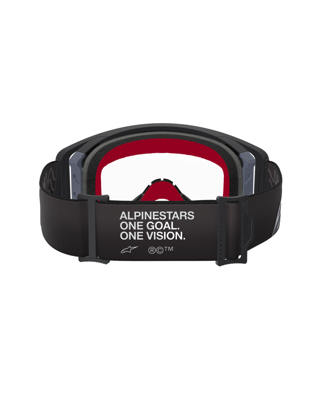 Occhiali Alpinestars Supertech Corp, nero e grigio, vista posteriore che mostra l'ampia fascia nera con testo bianco 'ALPINESTARS ONE GOAL. ONE VISION.', imbottitura interna rossa e lente trasparente, occhiali da motocross ad alte prestazioni