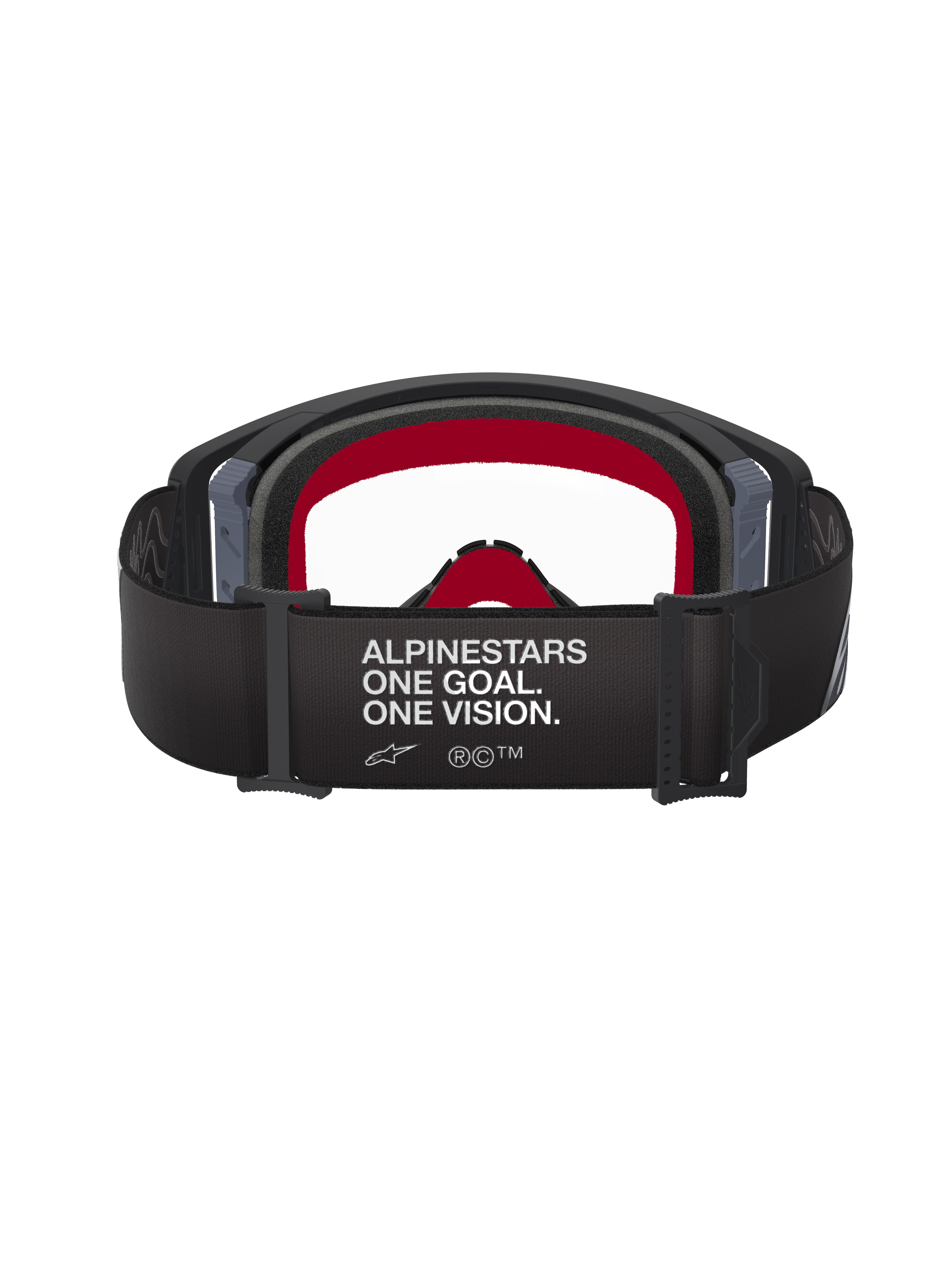 Occhiali Alpinestars Supertech Corp, nero e grigio, vista posteriore che mostra l'ampia fascia nera con testo bianco 'ALPINESTARS ONE GOAL. ONE VISION.', imbottitura interna rossa e lente trasparente, occhiali da motocross ad alte prestazioni