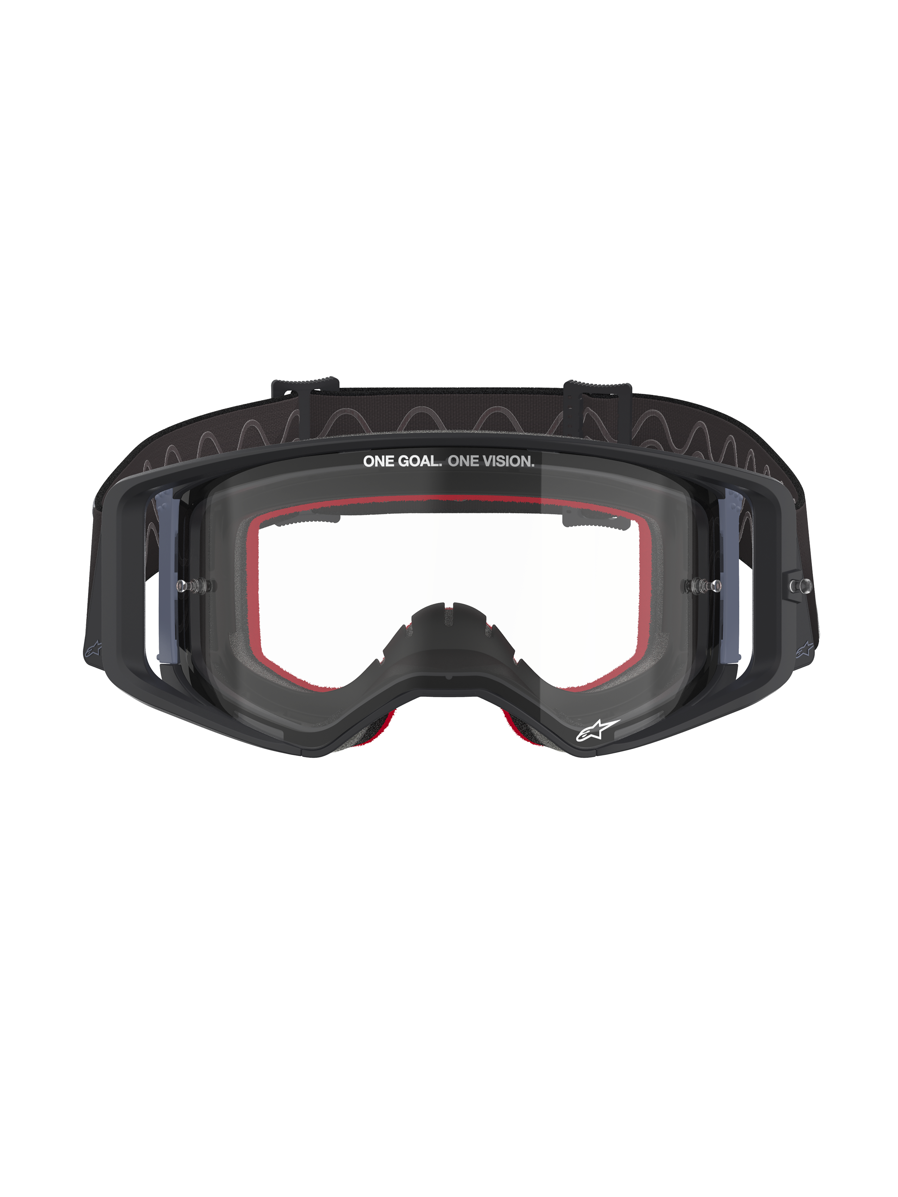 Occhiali Alpinestars Supertech Corp, occhiali da motocross, montatura nera con lente trasparente, imbottitura interna rossa, scritta 'ONE GOAL. ONE VISION.' sulla parte superiore della lente e fascia nera con interno in silicone, occhiali professionali per gare fuoristrada