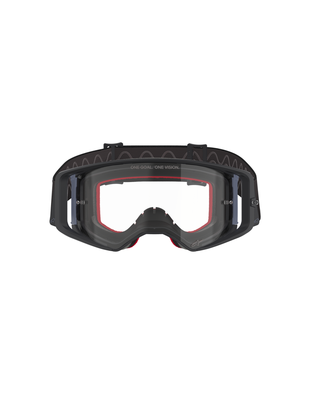 Alpinestars Supertech Corp Goggles, occhiali da motocross, nero e grigio con lente trasparente, vista frontale con imbottitura interna in spugna rossa e ampia fascia nera regolabile, occhiali off-road ad alte prestazioni