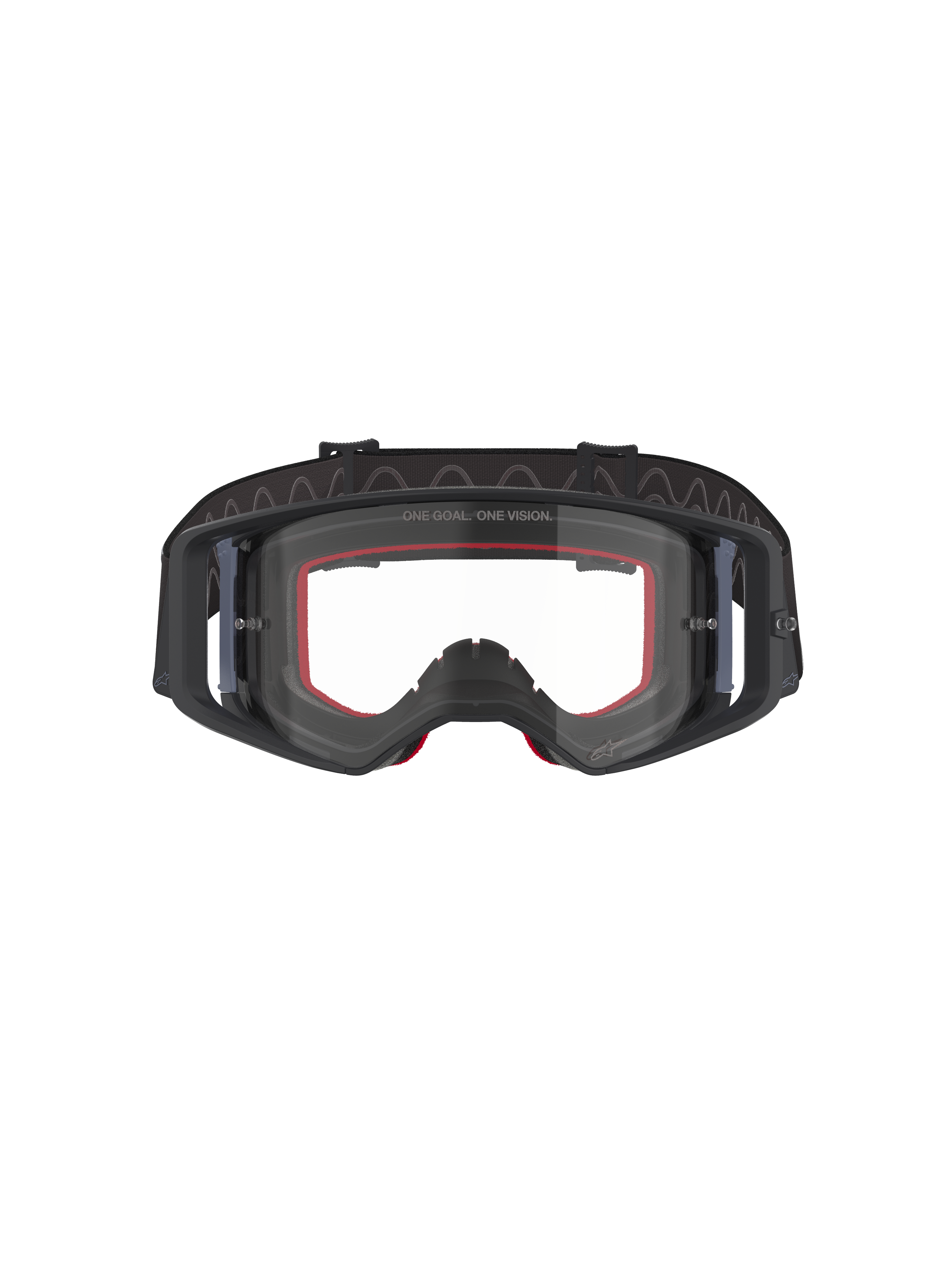 Alpinestars Supertech Corp Goggles, occhiali da motocross, nero e grigio con lente trasparente, vista frontale con imbottitura interna in spugna rossa e ampia fascia nera regolabile, occhiali off-road ad alte prestazioni